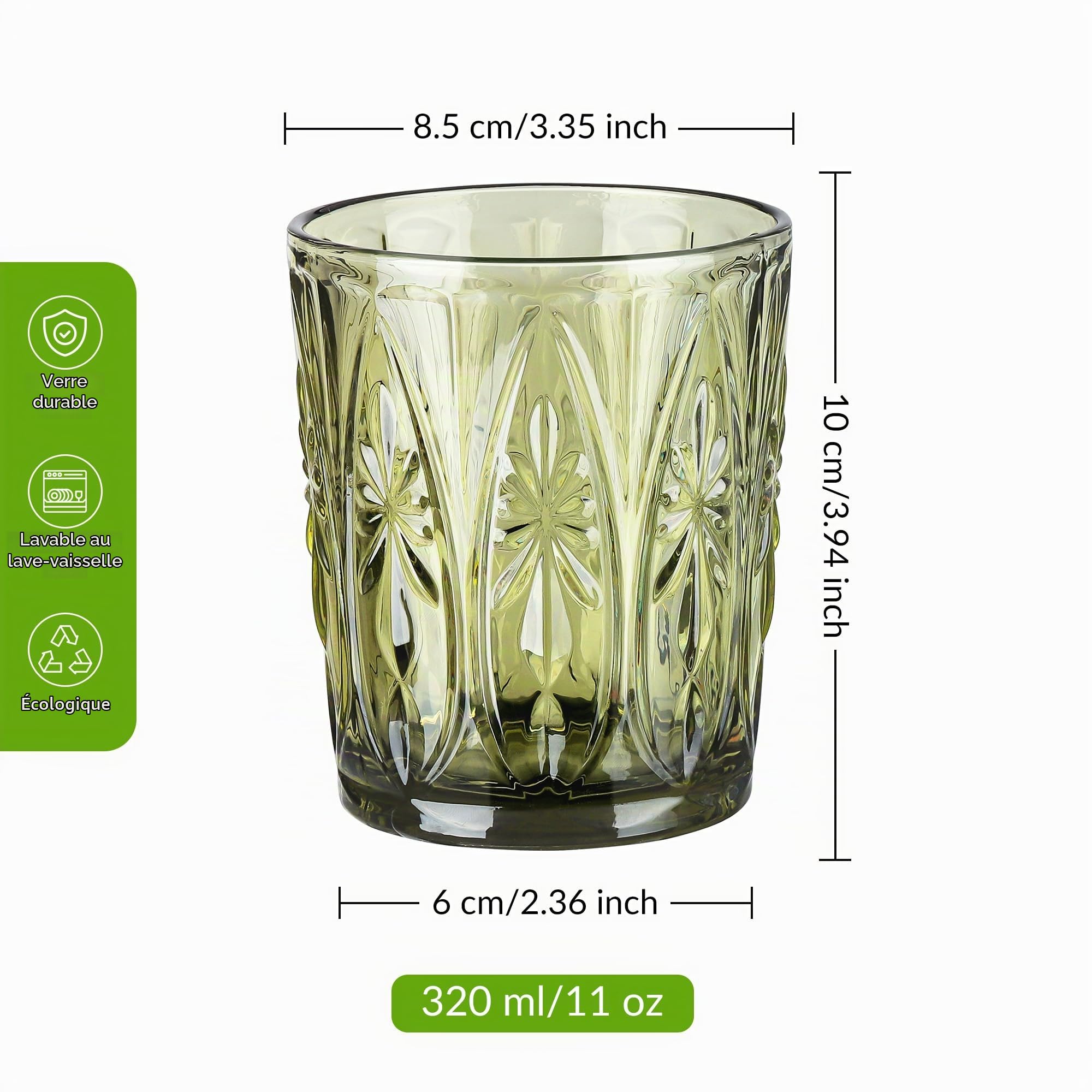 Joeyan Lot de 6 Verres à Eau Vert, 320ml Verres à Jus et Soda, Moderne Verres à Boire Décoré en Géométrique Relief, Verre de Table Pour Eau Gazeuse Orangeade Apéritif et Bière, Lavable Lave-Vaisselle | Verres à Jus et Soda, Moderne Verre de Table Décoré e