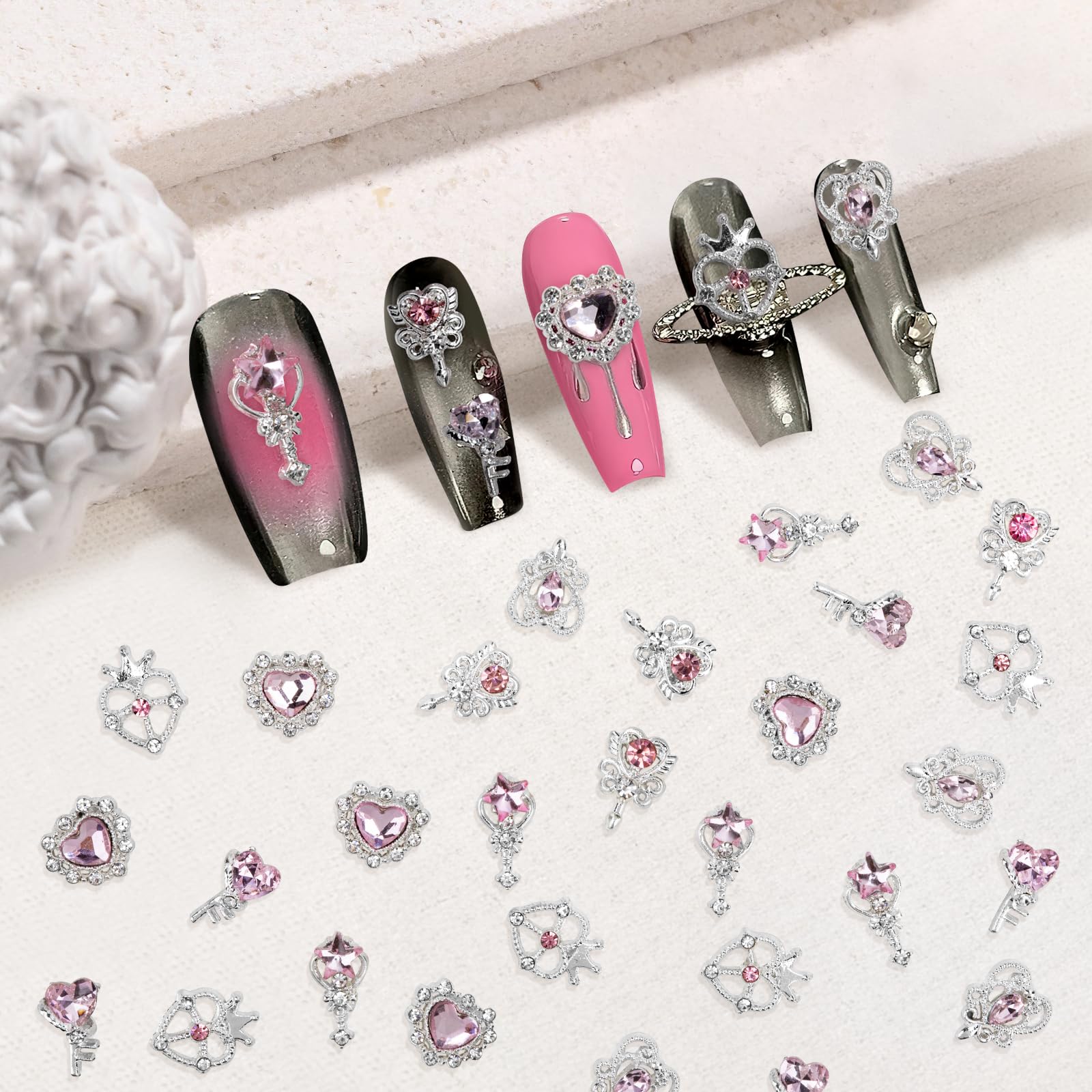 Madenia 30 Nagel Charms – Silber & Rosa, 3D Herz-Strasssteine Für Acrylnägel