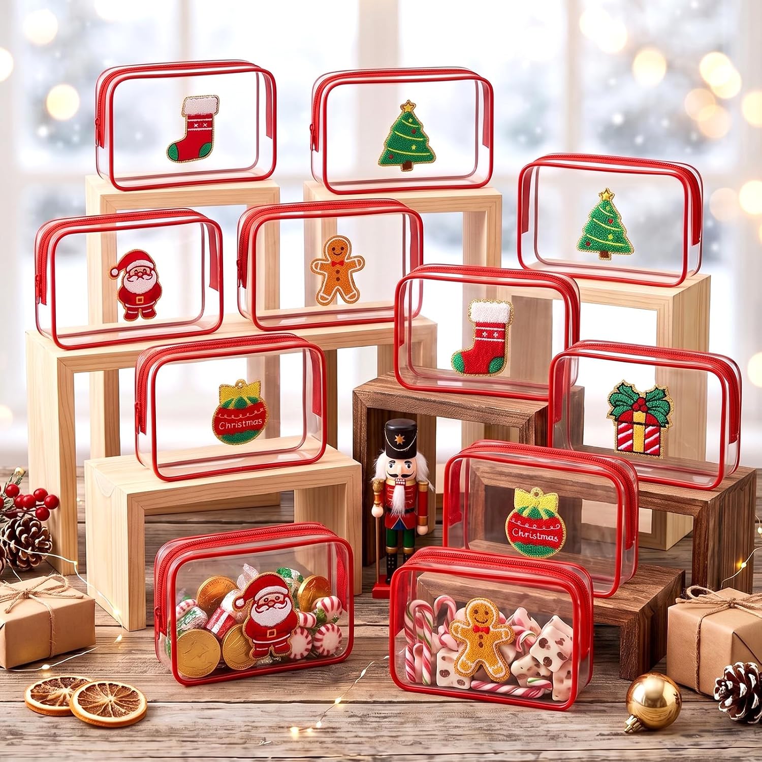 12 Pcs Christmas Clear Makeup Bag with Xmas Preppy Patch,Cute
