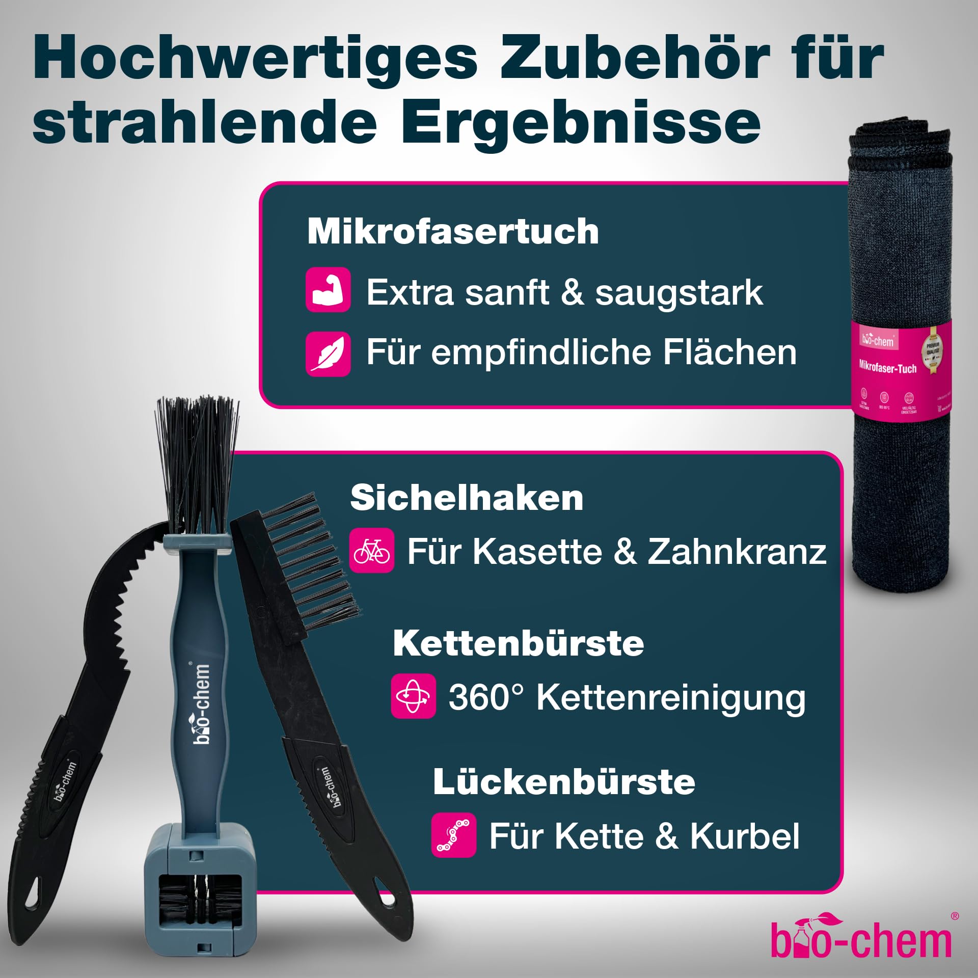 Bio-Chem - Zestaw 7 produktów do czyszczenia roweru - Środek do czyszczenia ram rowerowych - Środek do odtłuszczania łańcucha - Olej smarujący - 3 szczotek do czyszczenia + szczotka rowerowa