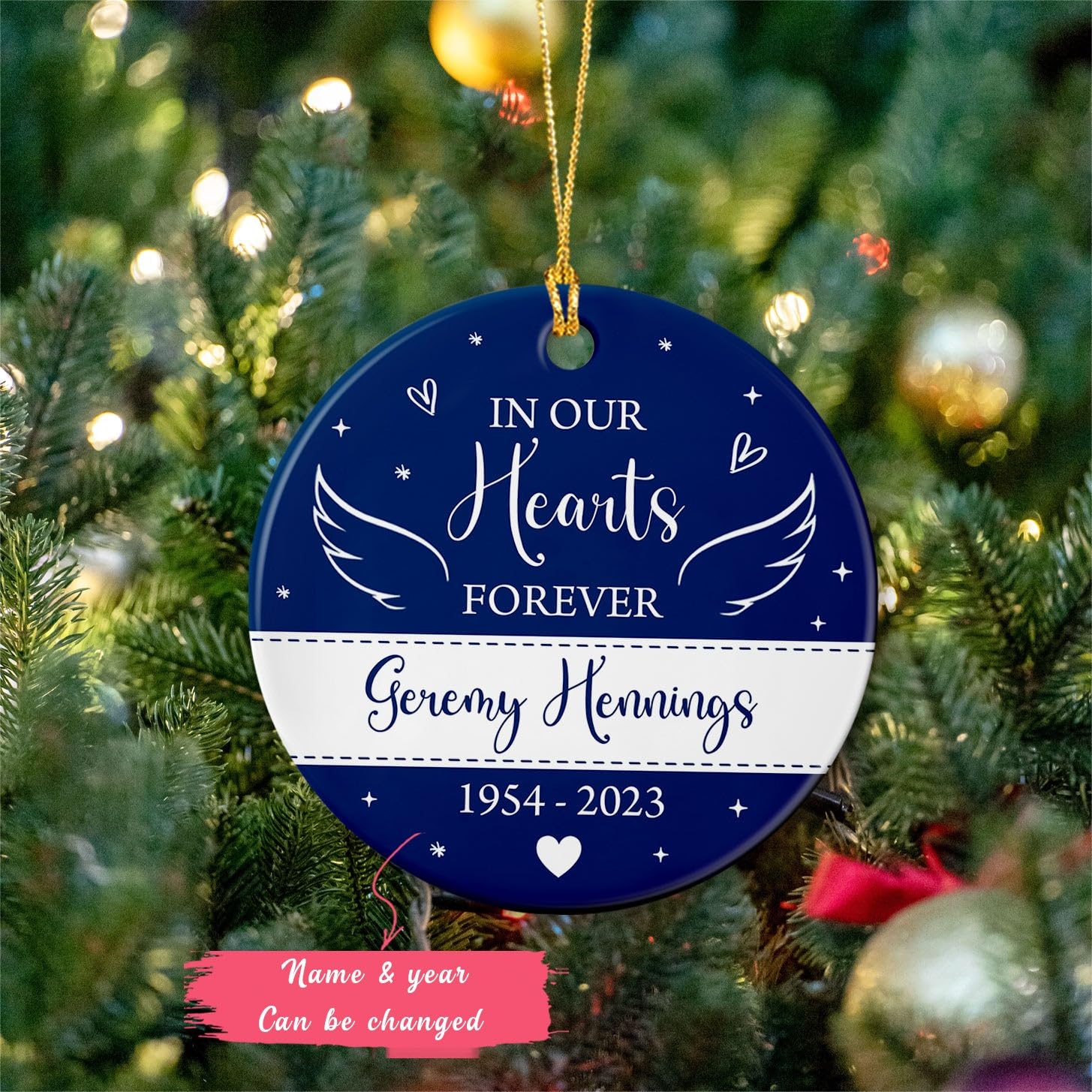 in Our Hearts Forever Ornament, Personalized Memorial Christmas Ornament, Custom Name & Year Angel Wings Remembrance Ornaments, in Loving Memory Xmas Ornament, Memorial Ceramic Ornament Gift