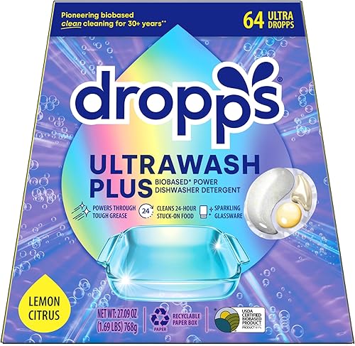 Miniatura 38 de Dropps Detergente para lavavajillas, aroma Fresh Rain, 64 cápsulas, limpia profundamente, empaque de bajo desperdicio, sin prelavado o enjuagado,