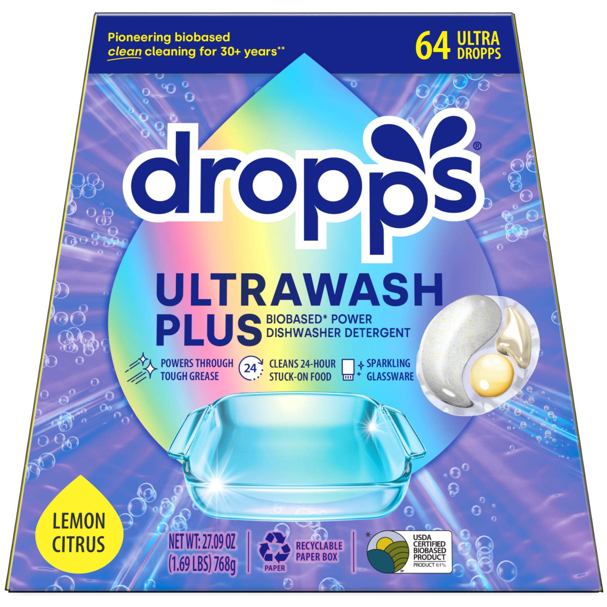 Dropps UltraWash Plus Dishwasher Detergent, Lemon Citrus (64 Pods) - Triple Action Biobased Power Deep Clean Dishwasher Detergent Tablets for Tough Stains - Dishwashing Pods for Shiny Dishes