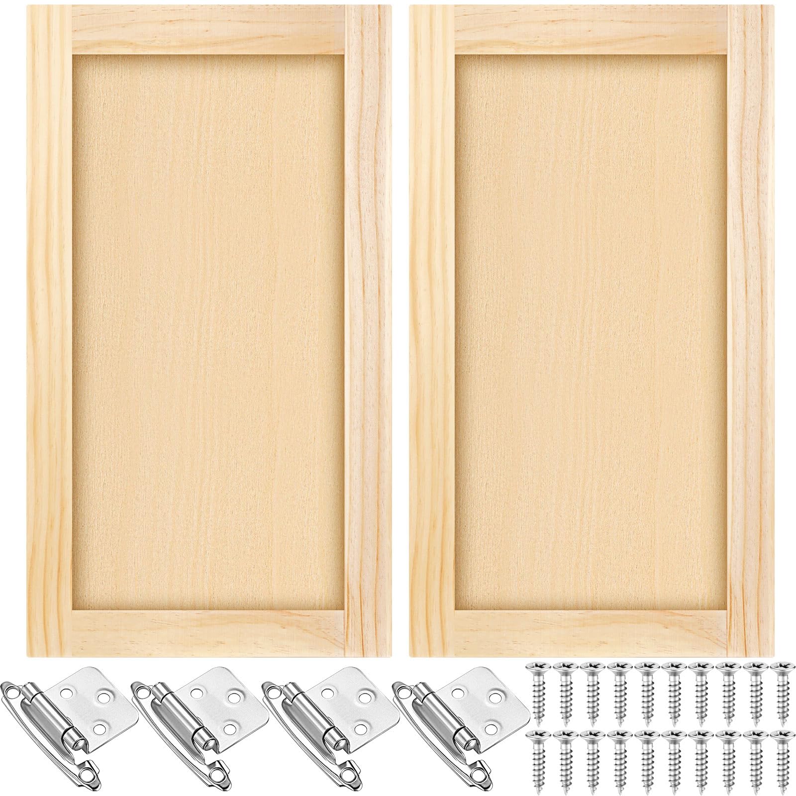 2 Pcs 15.5'' W x 29'' H Unfinished Pine Kitchen Cabinet Door Replacement with 4 Pcs Cabinet Hinges Wood Shaker Door Front Replacement for Kitchen, Bathroom, Vanity