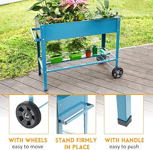 Miniatura 4 de LAZYLAND Jardinera elevada de metal con patas, maceta de metal para exteriores, 2 ruedas y estante de almacenamiento para vegetales, flores,