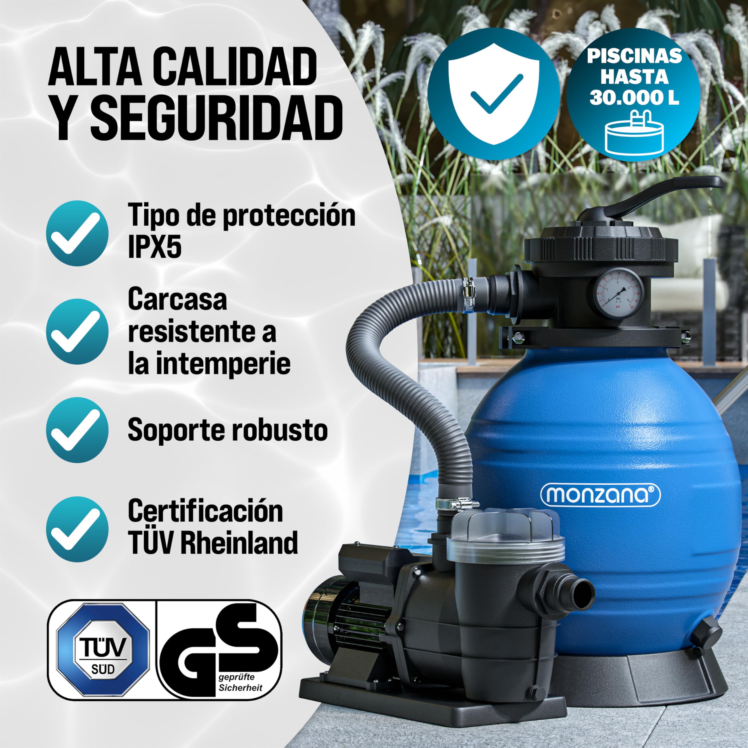 MONZANA® Depuradora Piscina 9.600L/h Filtro de Arena hasta 30.000L con Pre Filtro Válvula 7 Funciones Filtrado 400W Autocebante Adaptador Ø32-38mm Bomba Indicador de Presión
