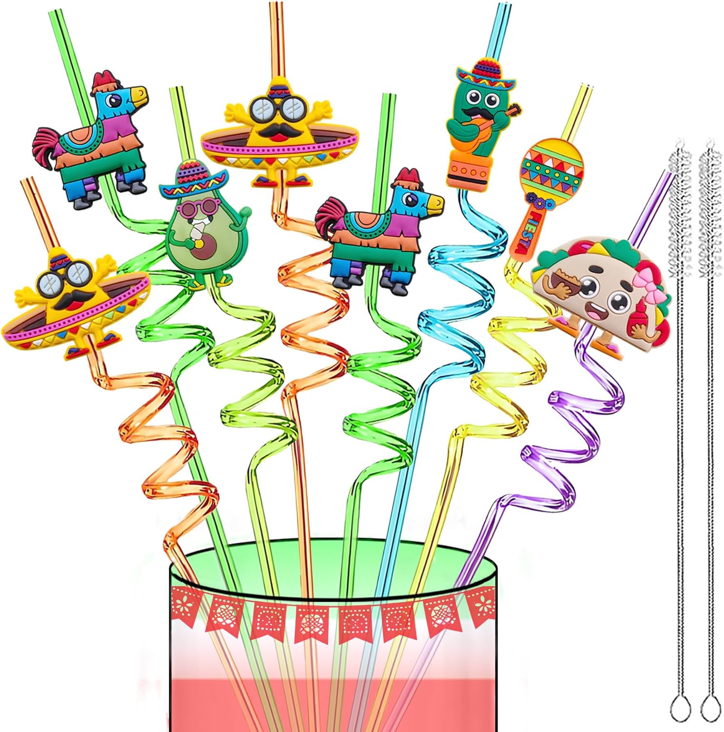 Cinco De Mayo Fiesta Party Favors Drinking Straws- 24Pcs | Mexican Fiesta Taco Themed Party Decorations Supplies,Reusable Plastic Shaped Straw with 2 PCS Straws Cleaning Brush
