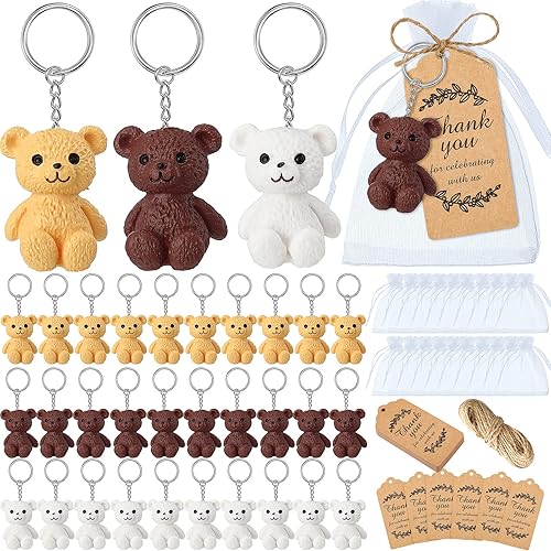 Juego de 36 regalos de fiesta de oso, baby shower, oso llavero con bolsas de organza, etiquetas kraft de agradecimiento para baby shower, oso,
