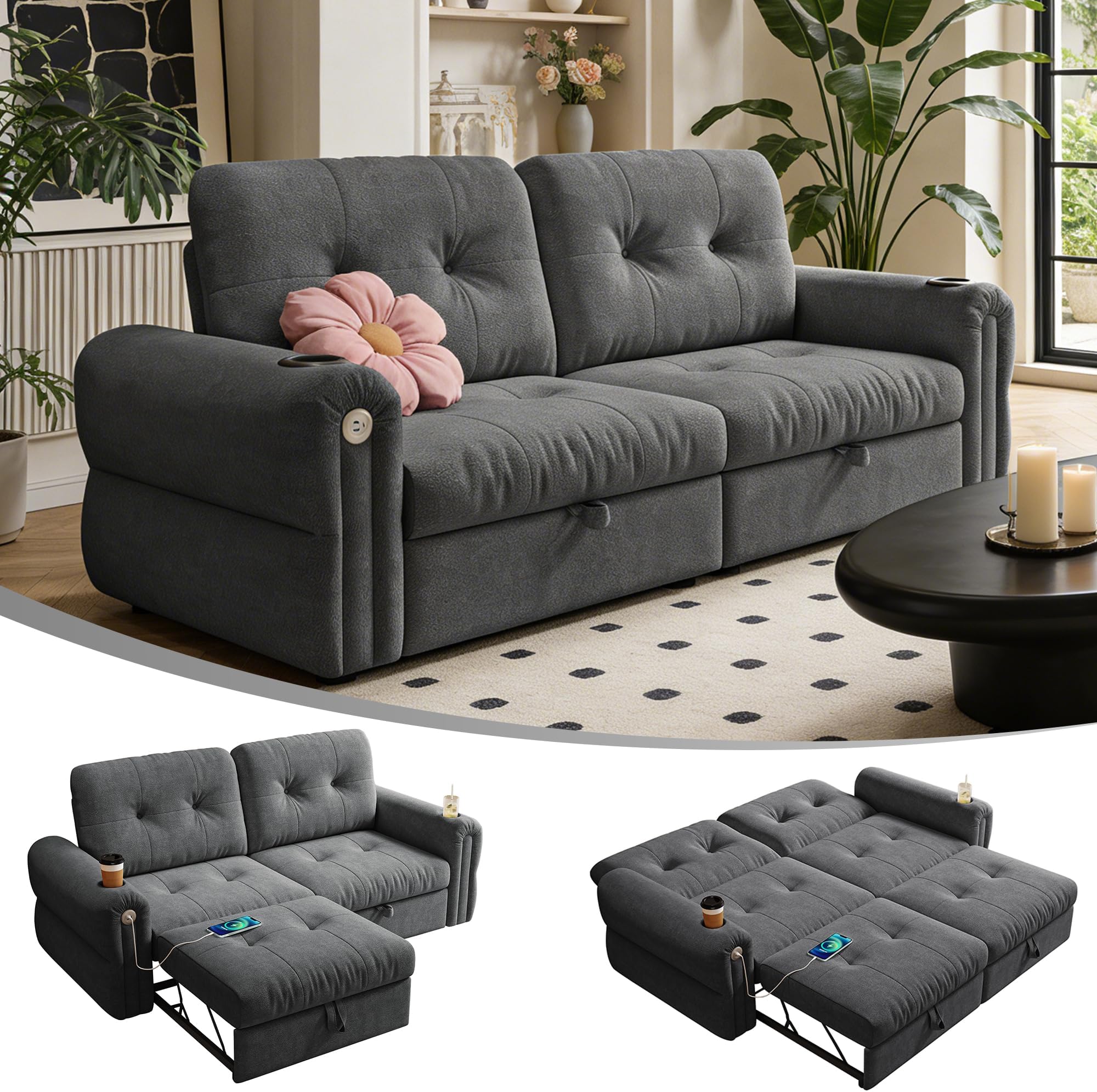 77" Queen Size Sofa Bed,3-in-1 Pull Out Couch Bed with Cup Holders,Chenille Fabric Convertible Loveseat Sleepe Sofa Bed with USB Port,Small Futon Couch for Living Room, Apartment Grey