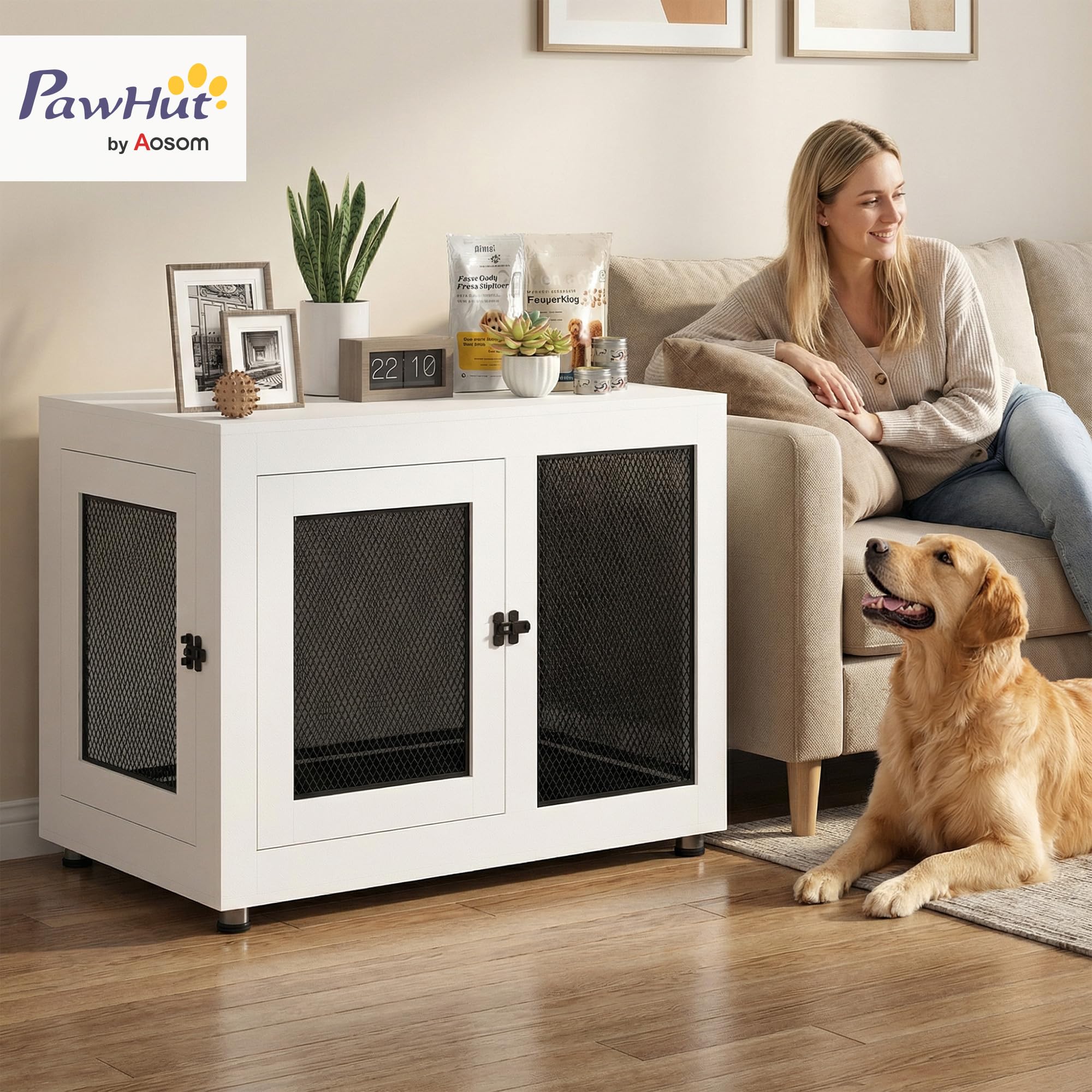 PawHut Jaula para Perros Grandes Estilo Mueble Casa para Perros 94x60x71,5 cm Mesa Auxiliar con 2 Puertas de Pestillo Cojín de Tela Oxford y Rejillas de Acero Blanco