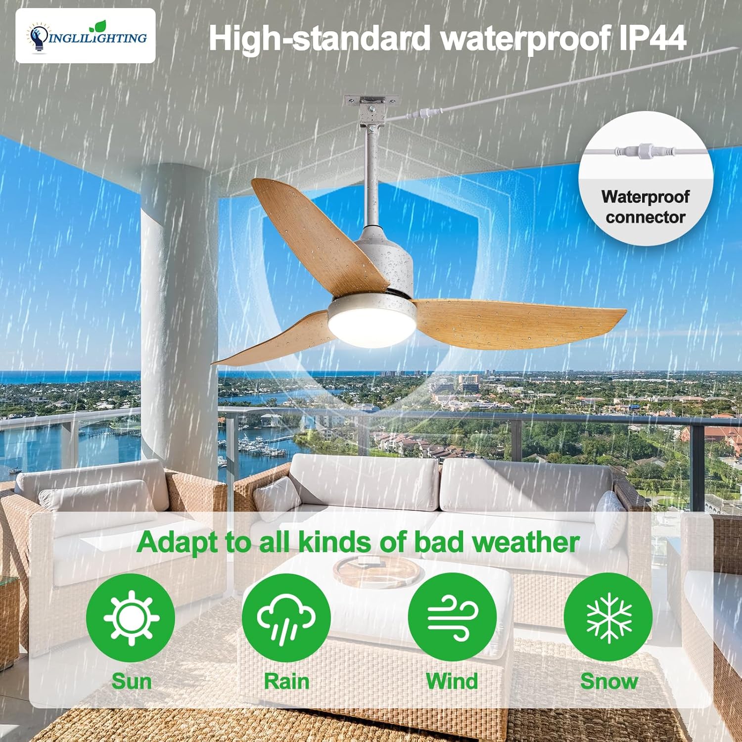 DINGLILIGHTING Outdoor Ceiling Fans for Patios: 42" Plug in Ceiling Fans with Lights for Gazebo - Waterproof Hanging Fan with Remote APP for Porch Dimmable 3 Color Light