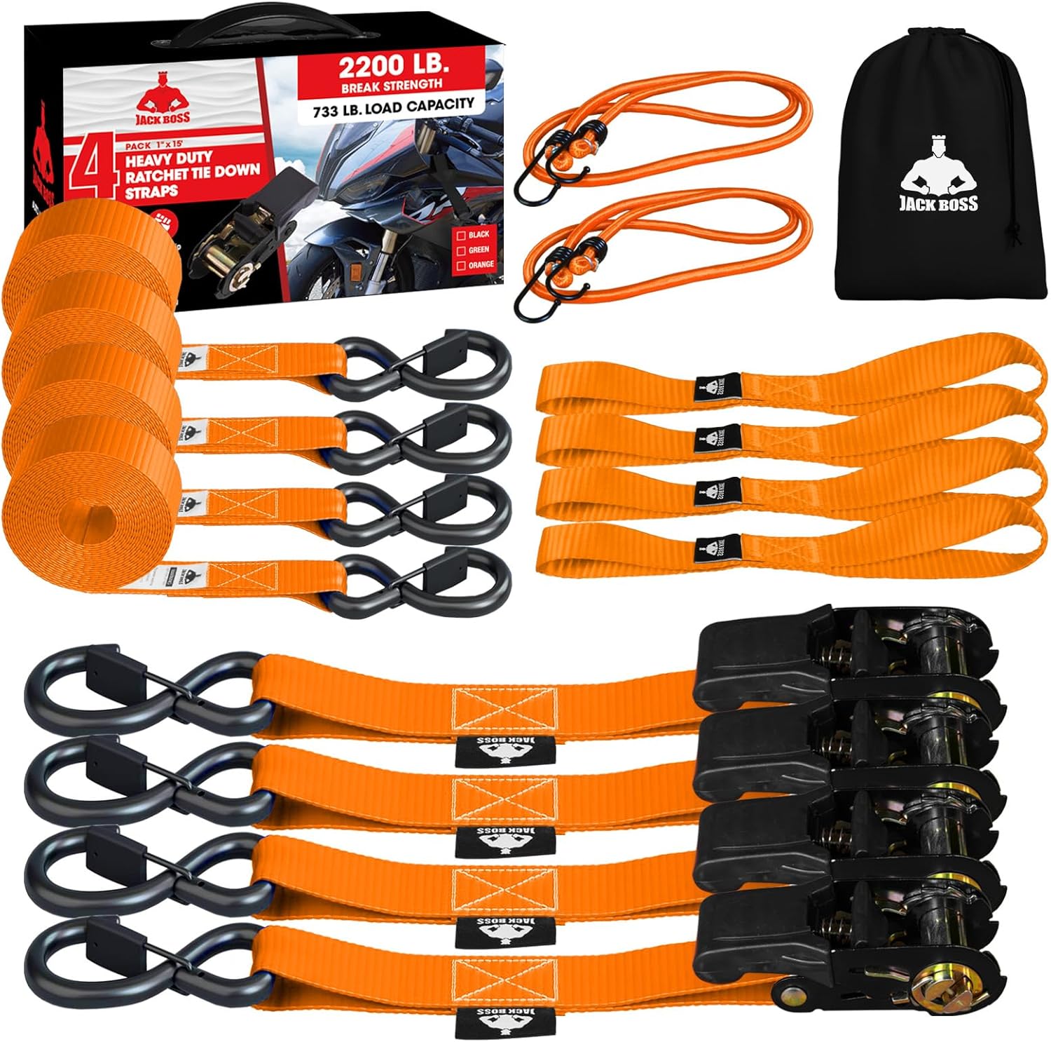 2200 LB Break Strength Ratchet Straps Heavy Duty 4 Pack -15 FT, Ratchet Tie Down Straps with Safety Lock S Hooks for Moving Appliances Motorcycle ATV Truck, Soft Loop Tie Down Straps, Orange