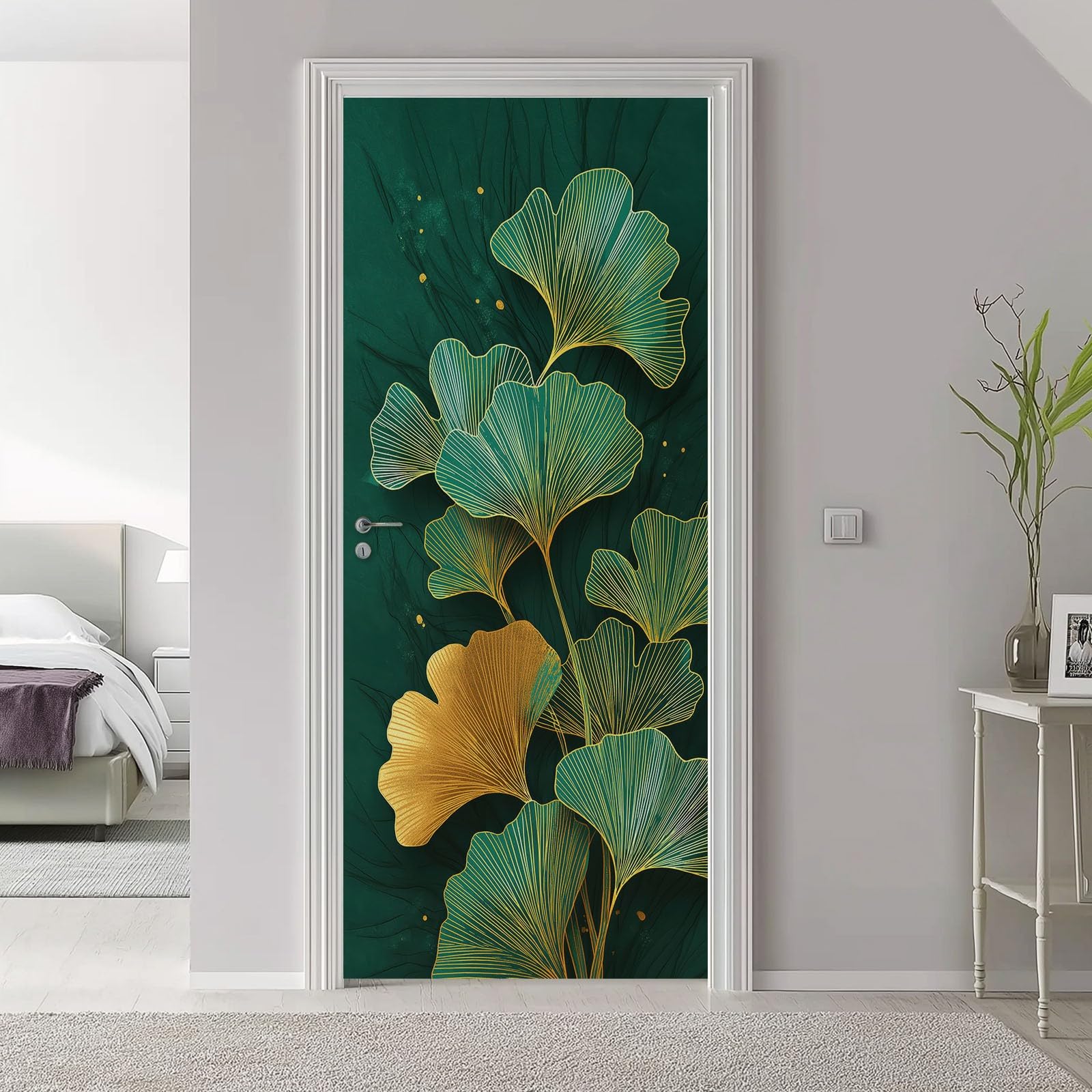 Samoprzylepne naklejki na drzwi, 80 x 210 cm, proste liście miłorzębu, wodoodporna tapeta na drzwi z folii samoprzylepnej, zielona dekoracja DIY, tapeta na drzwi, do pokoju dziecięcego, kuchni