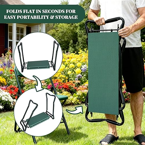 Miniatura 5 de Rodillero y asiento de jardín mejorados con almohadilla gruesa y ensanchada, banco de jardinería resistente y asiento plegable con 2 bolsas de