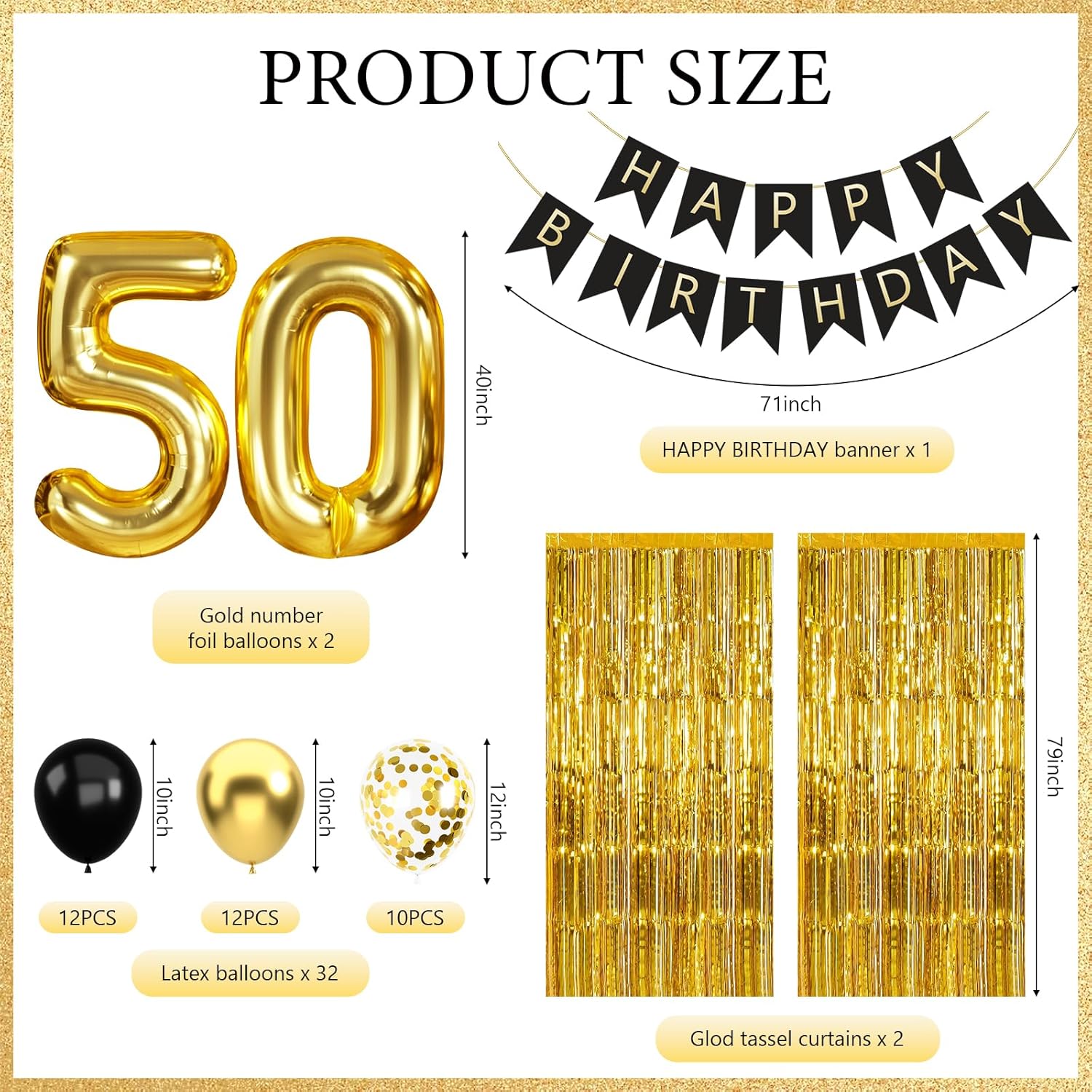 50th Birthday Decorations for Men Women, Black Gold 50th Birthday Balloons Boxes Party Favors, 50 Balloons Happy Birthday Banner Kit, Tassel Curtain, 50 Year Old Bday Decoration Box