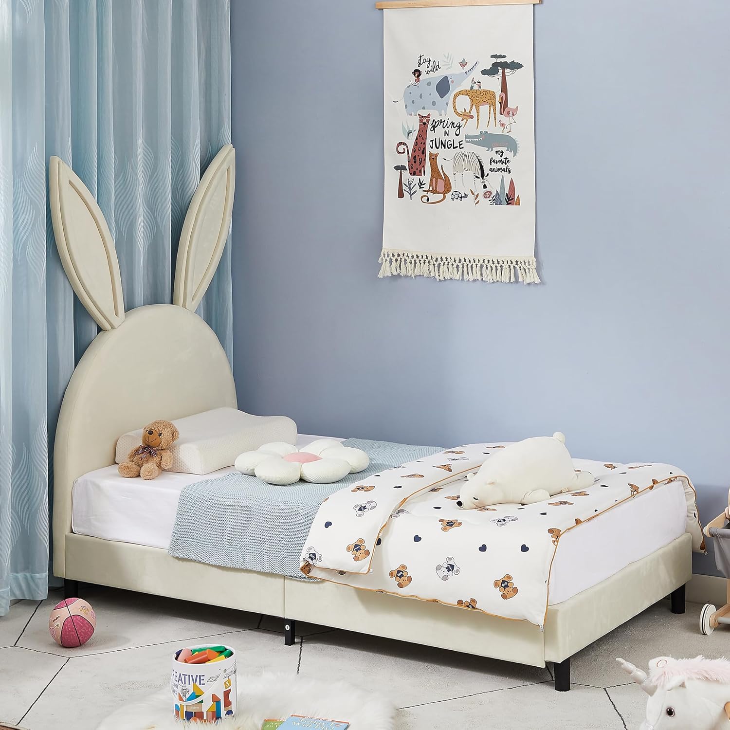 VECELO Kids Twin Size Platform bed Frame with Upholstered Headboard, Princess Beds for Girls, 12 Wooden Slats Support, No Boxing Spring Needed