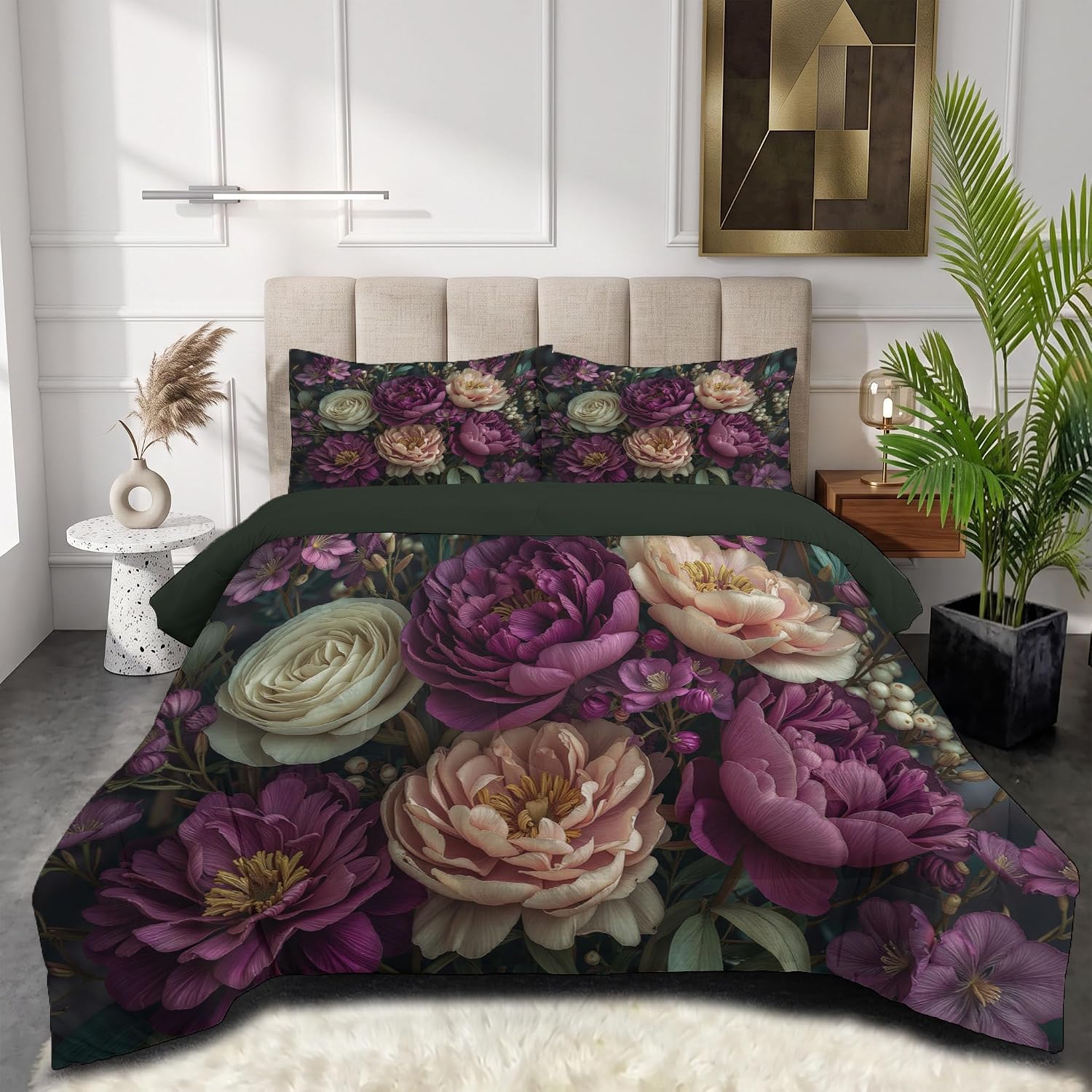 Still Life Flowers Quilt Set Full 3 Pieces, Purple Quilts Bedding Set Oil Painting of Roses and Peonies Bedspread Bed Cover Lightweight Spring Summer Beds Coverlet for All Season - 79"X90"