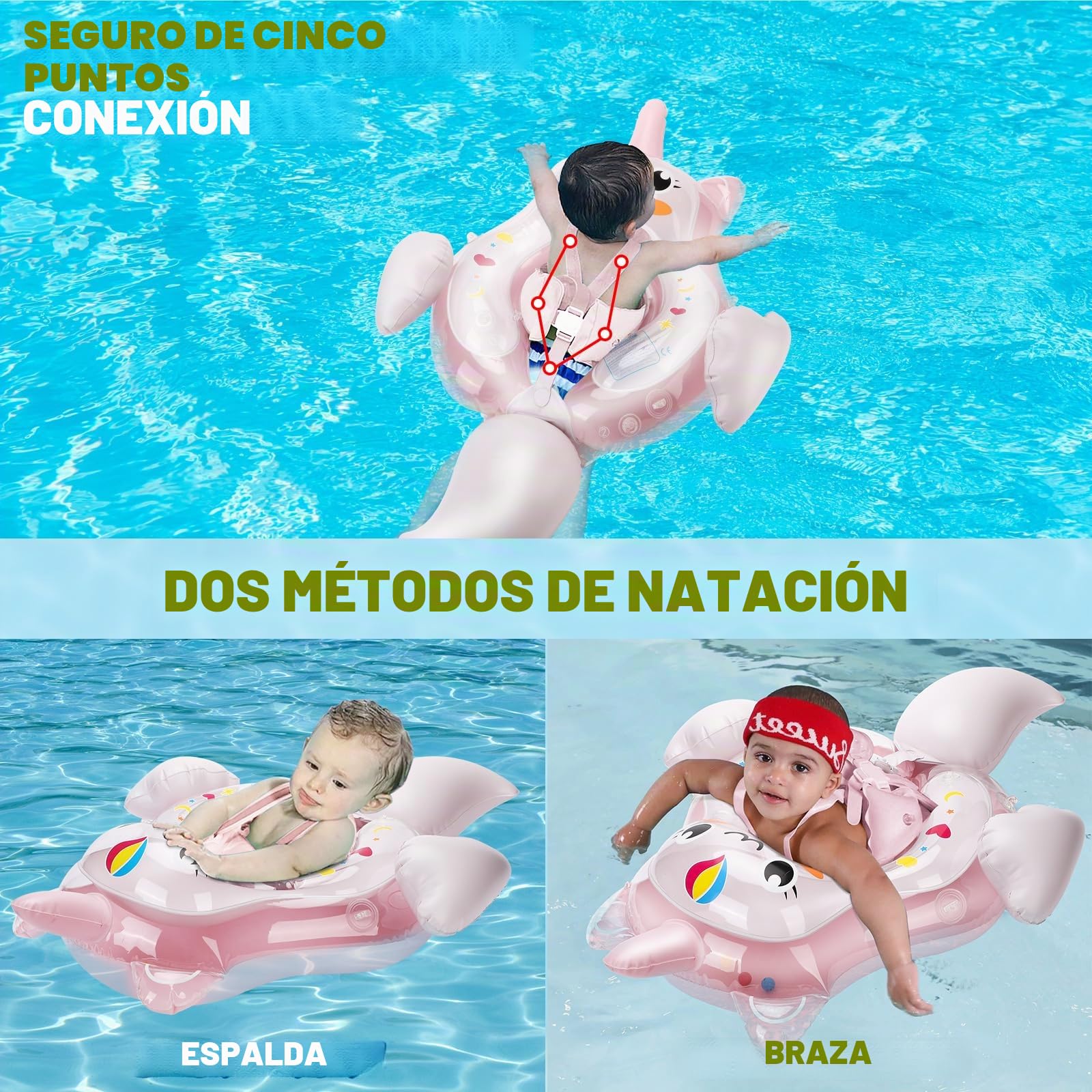 Flotador para Bebé, Flotador Bebe con Sombrilla SPF50+, Flotador Bebe Inflable con Cola de Apoyo Inferior Flotadores de Piscina para Bebés con Asiento Seguridad y Bomba para Bebé 8-24 Meses