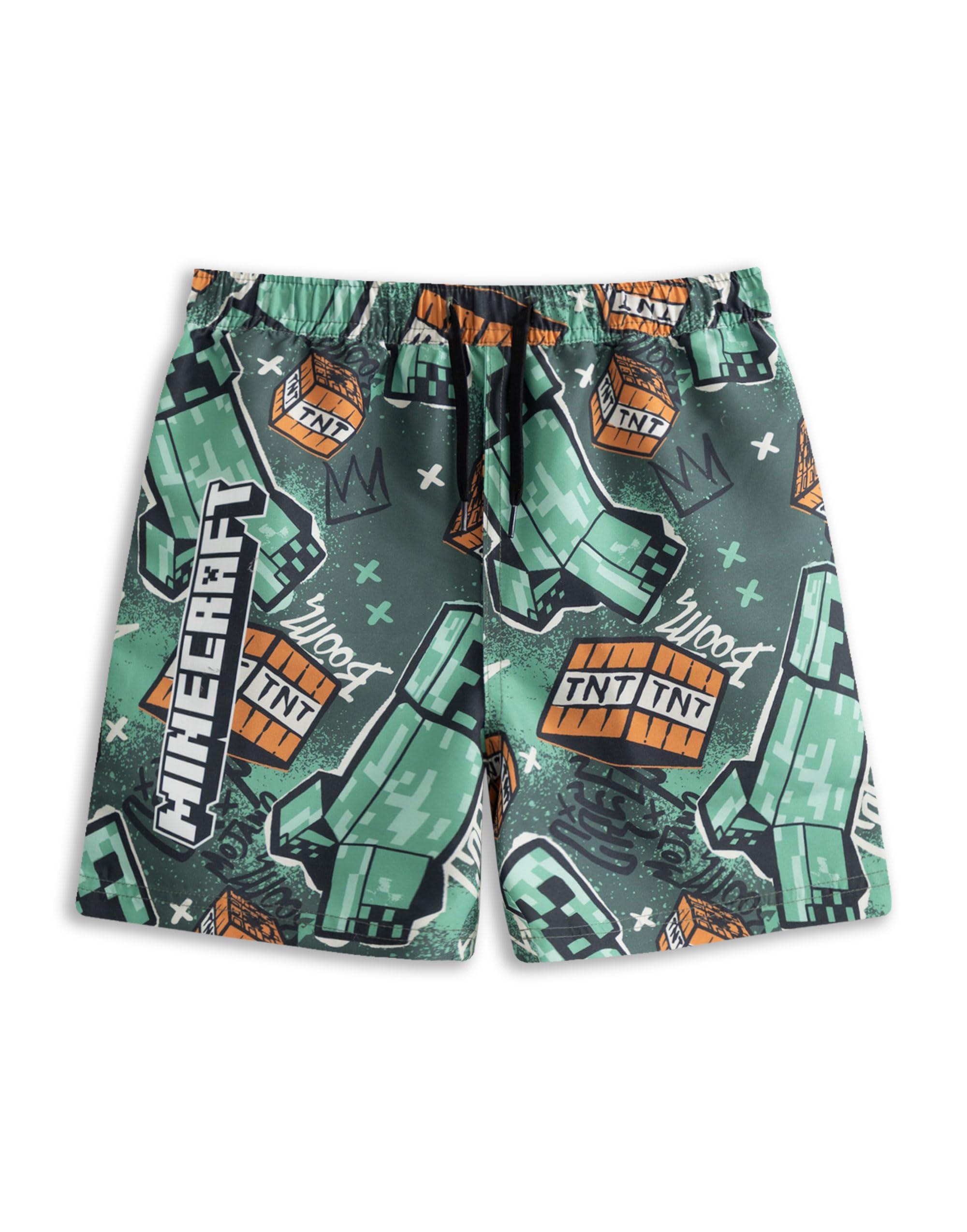 Minecraft Creeper TNT Boys Green Swim Shorts | All-Over Graphic Print Beachwear | Pull-On Elastic Waistband Lightweight Trunks | Holiday Swimwear for Kids & Teens Merch - 9-10 Years