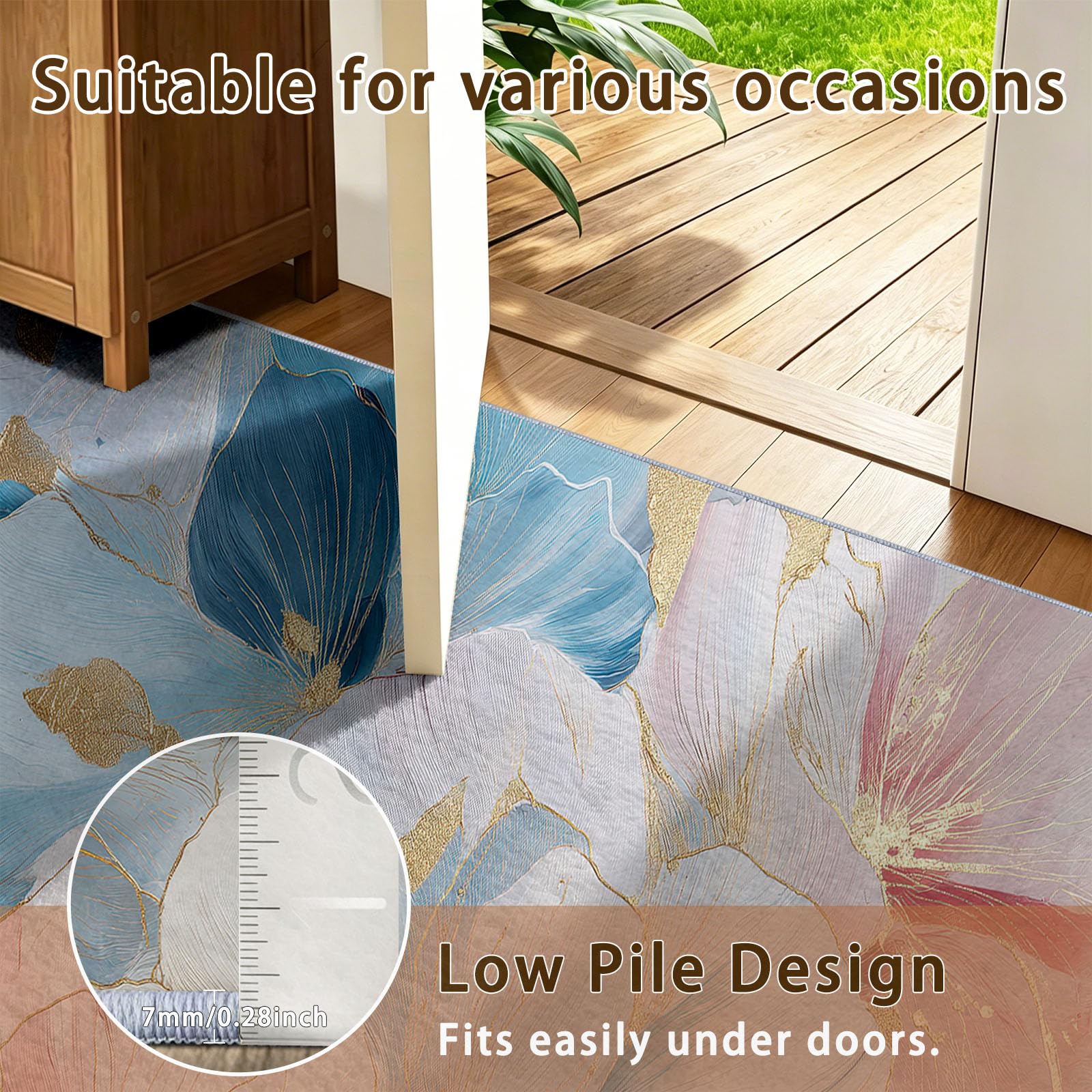Modern Luxuriös Kinderteppich Aquarell Blumen Blattgold, 180 x 240 cm | waschbar Pflegeleicht rutschfest strapazierfähig hautsympathisch, für Schlafzimmer Wohnzimmer Esszimmer Küchen Büro