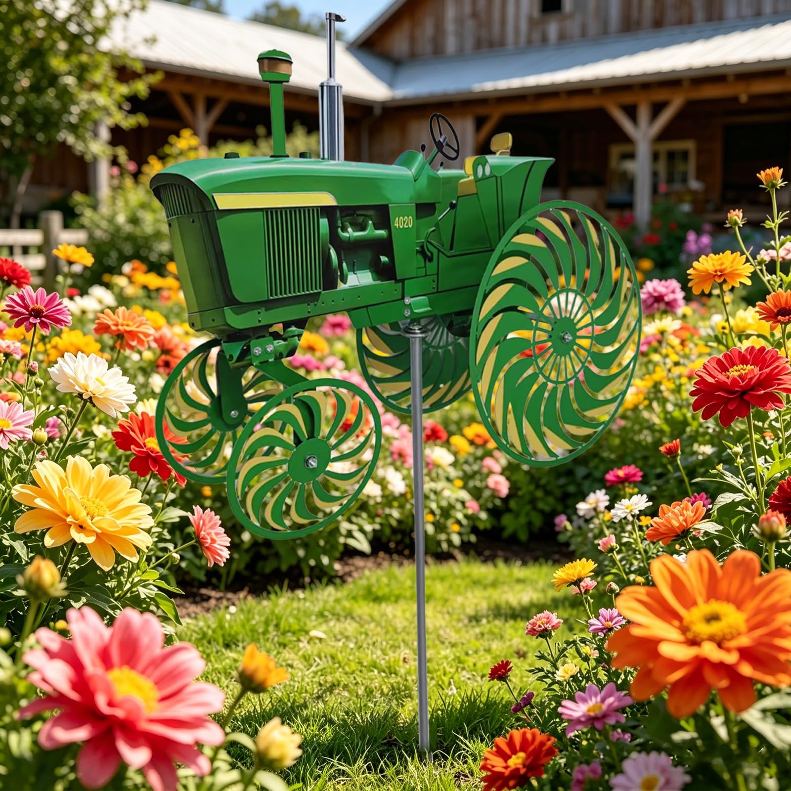 Moulin à Vent de Jardin Tracteur Vert, Ornement à Piquer avec Roue Tournante, Idéale pour Terrasse, Cour et Jardin (Vert)