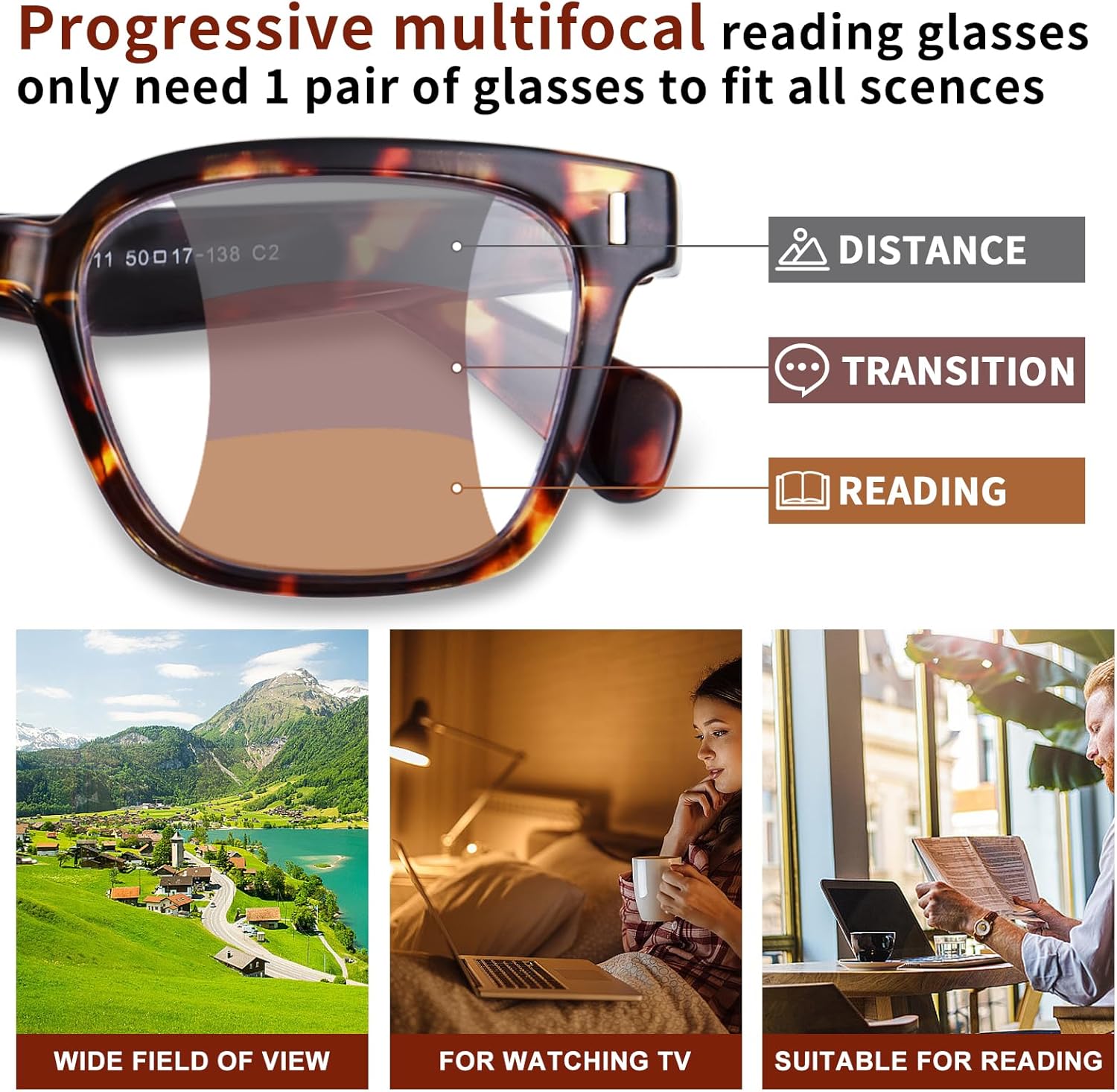 Progressive Multifocal Reading Glasses for Women Men, Anti Glare/Eyestrain Blue Light Multifocus Computer Readers - Image 3