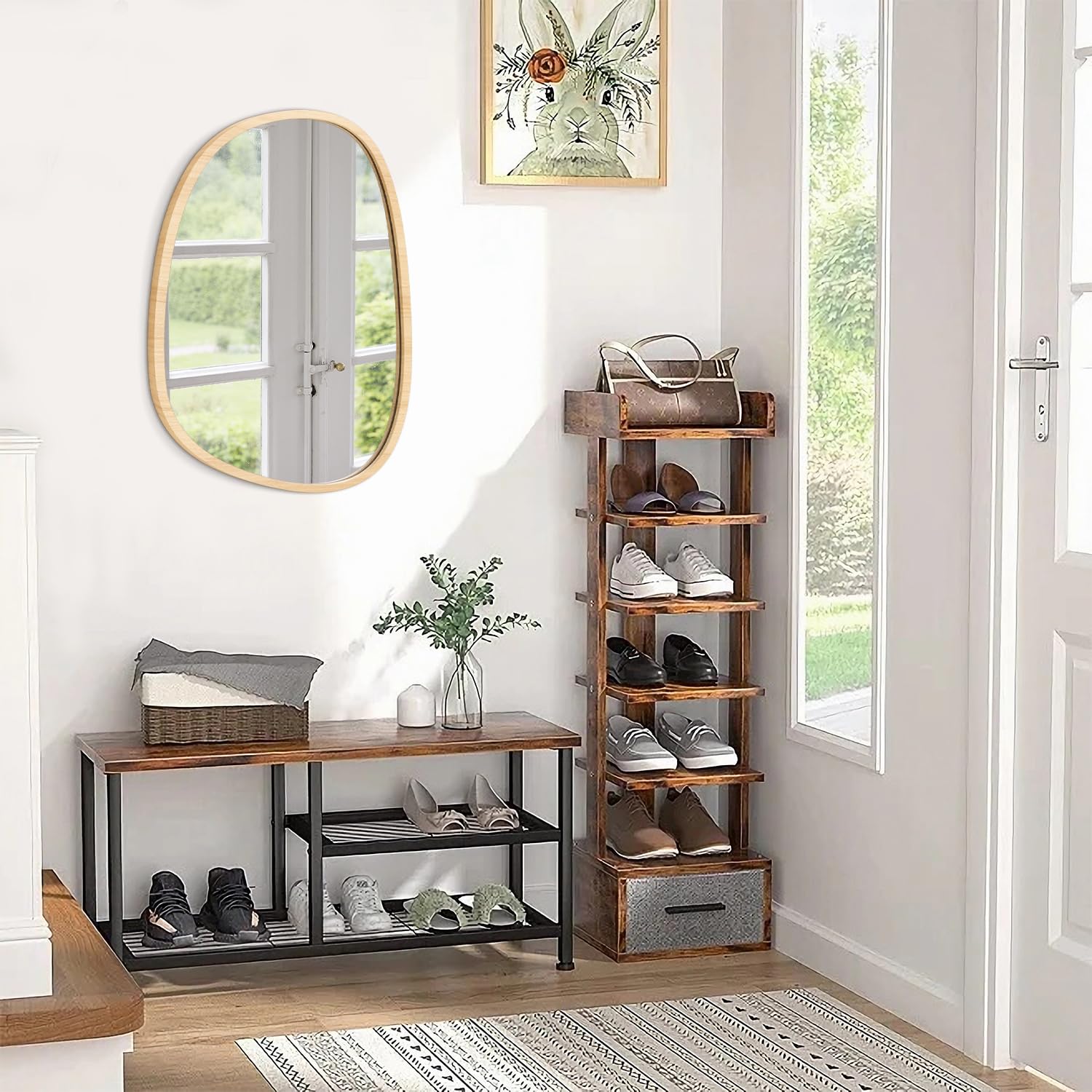 Unregelmäßiger hölzerner Wandspiegel Ovaler Rahmen Asymmetrischer Spiegel für Wand Eitelkeit Schlafzimmer Badezimmer Wohnzimmer Flur Modern Einzigartig Dekorativ Kunstvoll Hängender Spiegel