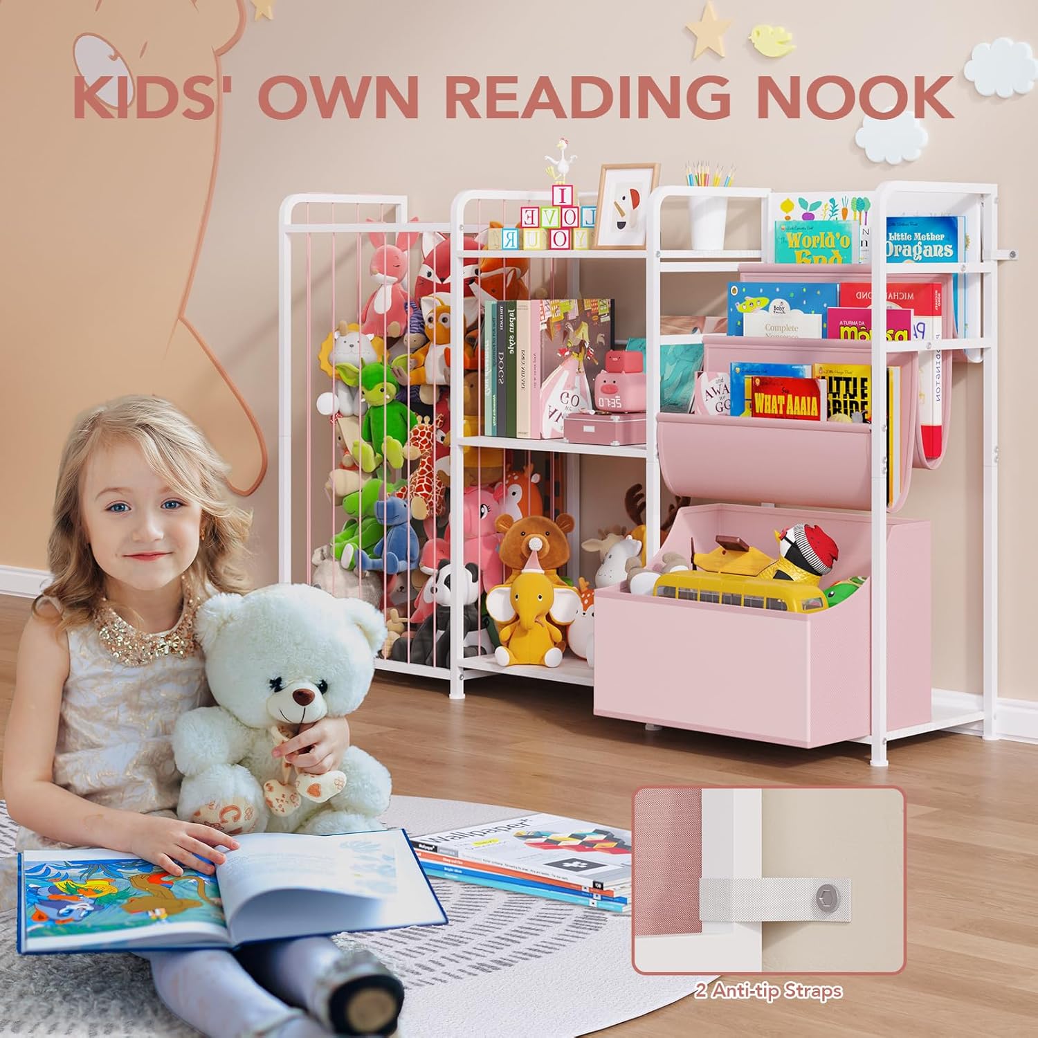 BBLIKE 3in1 Stuffed Animal Storage Organizer - Toy Storage with Kids Bookshelf & Large Plushies Holder for Kids Room - Multi-Functional Furniture for Nursery, Bedroom, and Playroom, Pink - Image 4