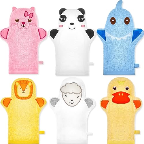 Nuenen 6 guantes de baño para niños, guantes de esponja, lindos animales, guantes de baño para niños pequeños, guantes de baño de algodón para