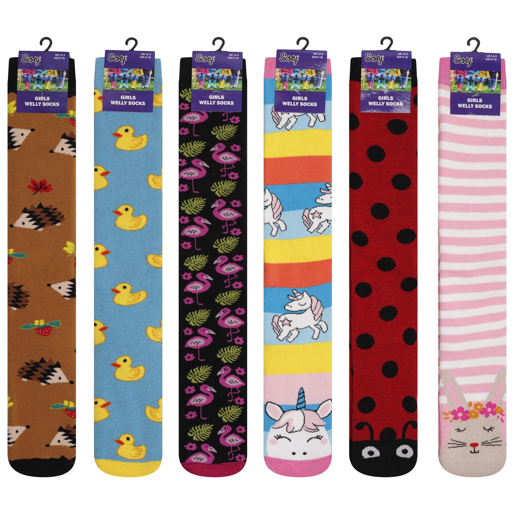 Soxy Boys Assorted Fun Animal Designs Girls Design Wellington Boot Socks - 6 Pack - Children Welly Socks - Festival Walking Hiking Thermal Socks - Uk Shoe Size 9-12, 12-3