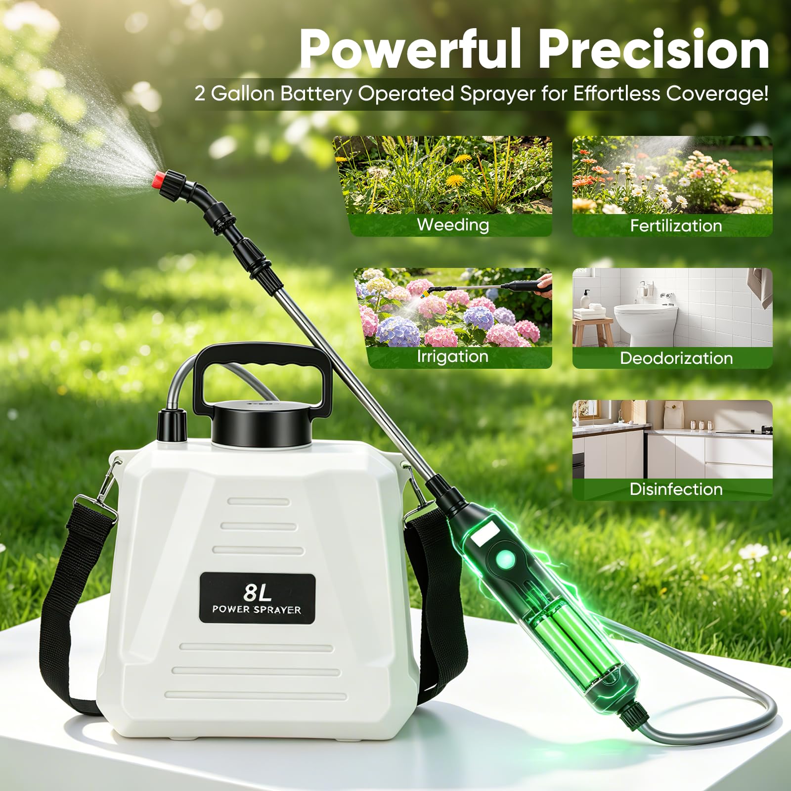 Pulverizador Eléctrico de Jardín de 8 litros con Batería USB-C, 3 Boquillas, Lanza Extensible, Correa de Hombro para Riego y Control de Malezas