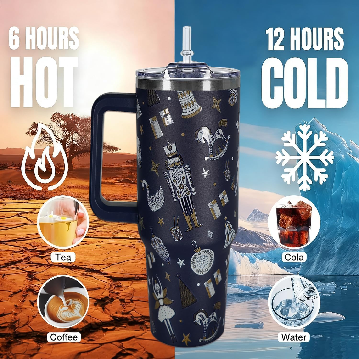40 oz Christmas Tumbler With Handle Lid and Straw,5D Nutcracker Print Stainless Steel Insulated Travel Mug Xmas Coffee Cup Gifts for Men Women - Image 7