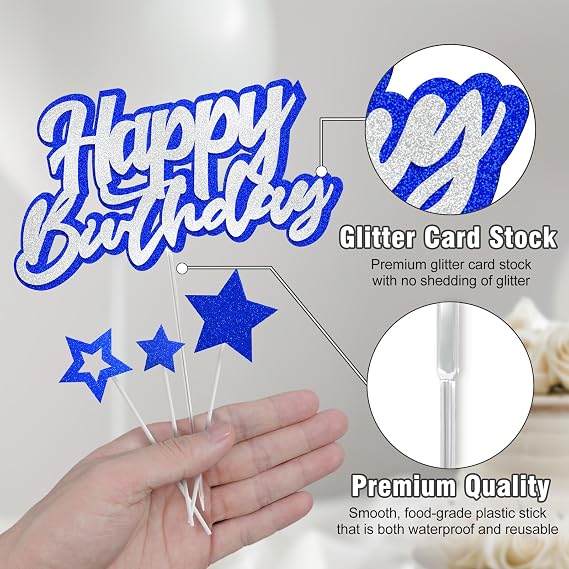 Happy Birthday Cake Topper Silver Blue Glitter Cake Decoration