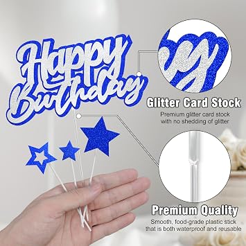 Happy Birthday Cake Topper Silver Blue Glitter Cake Decoration