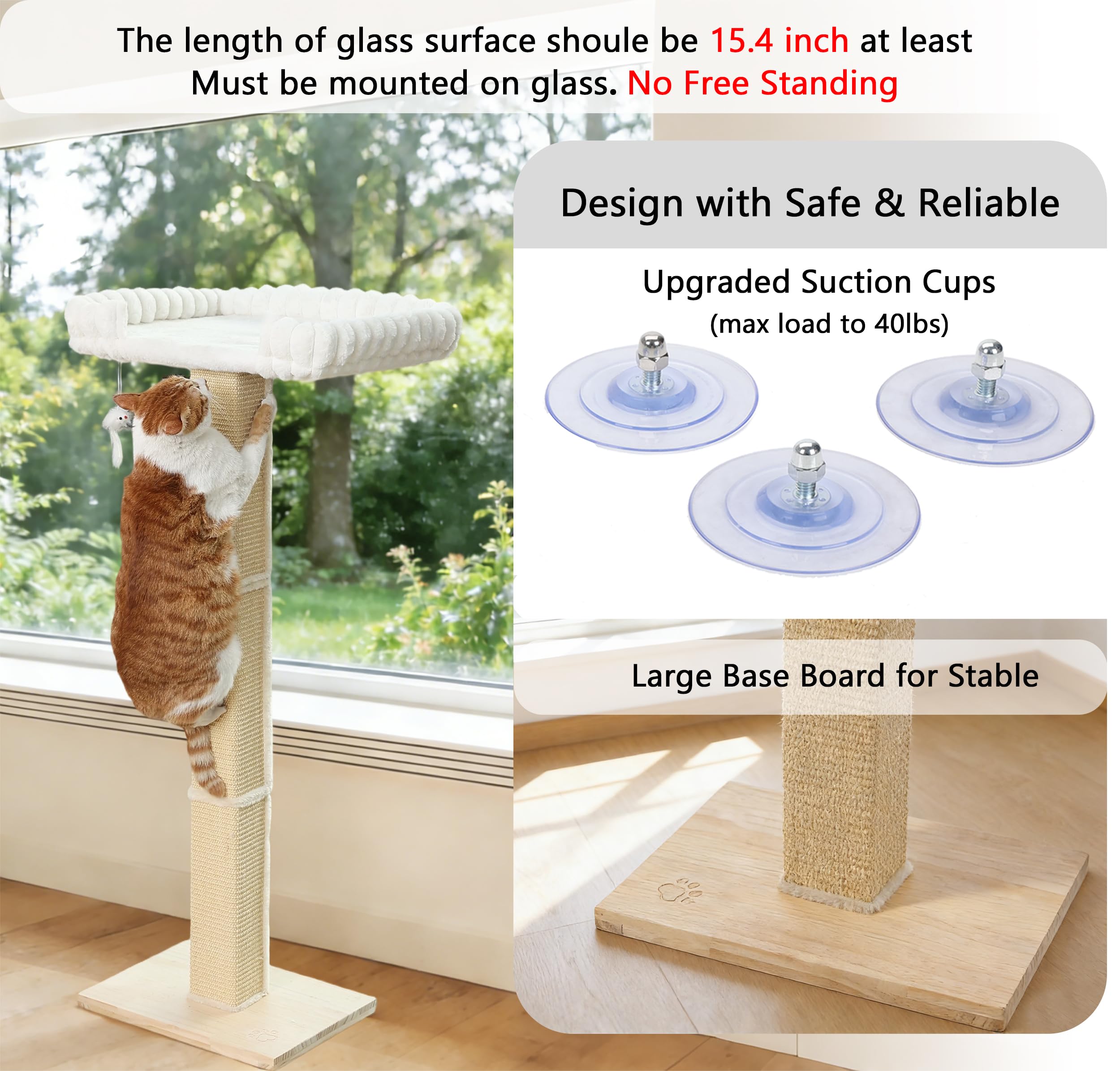 SnugCloud - Poste rascador para gatos con percha grande para ventana, cama ultra suave con refuerzo, árbol rascador de sisal ajustable de 47 pulgadas de alto para gatos grandes Maine Coon, escalar