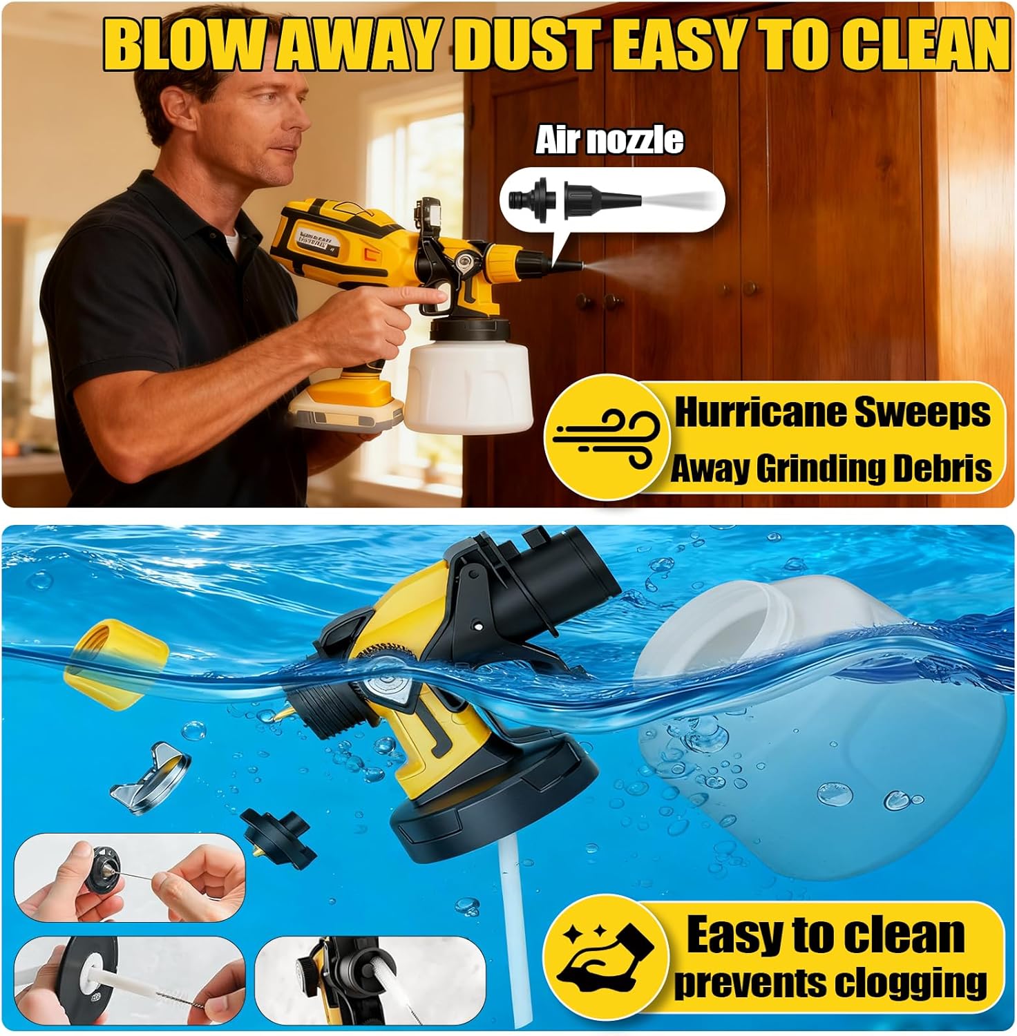 Cordless Paint Sprayer Compatible with DEWALT 20V MAX Battery 850W Powerful Motor 1400ML Capacity HVLP Paint Sprayer Electric 3 Sprayer Modes Equipped with LED Light 6 Brass Nozzles (No Battery)