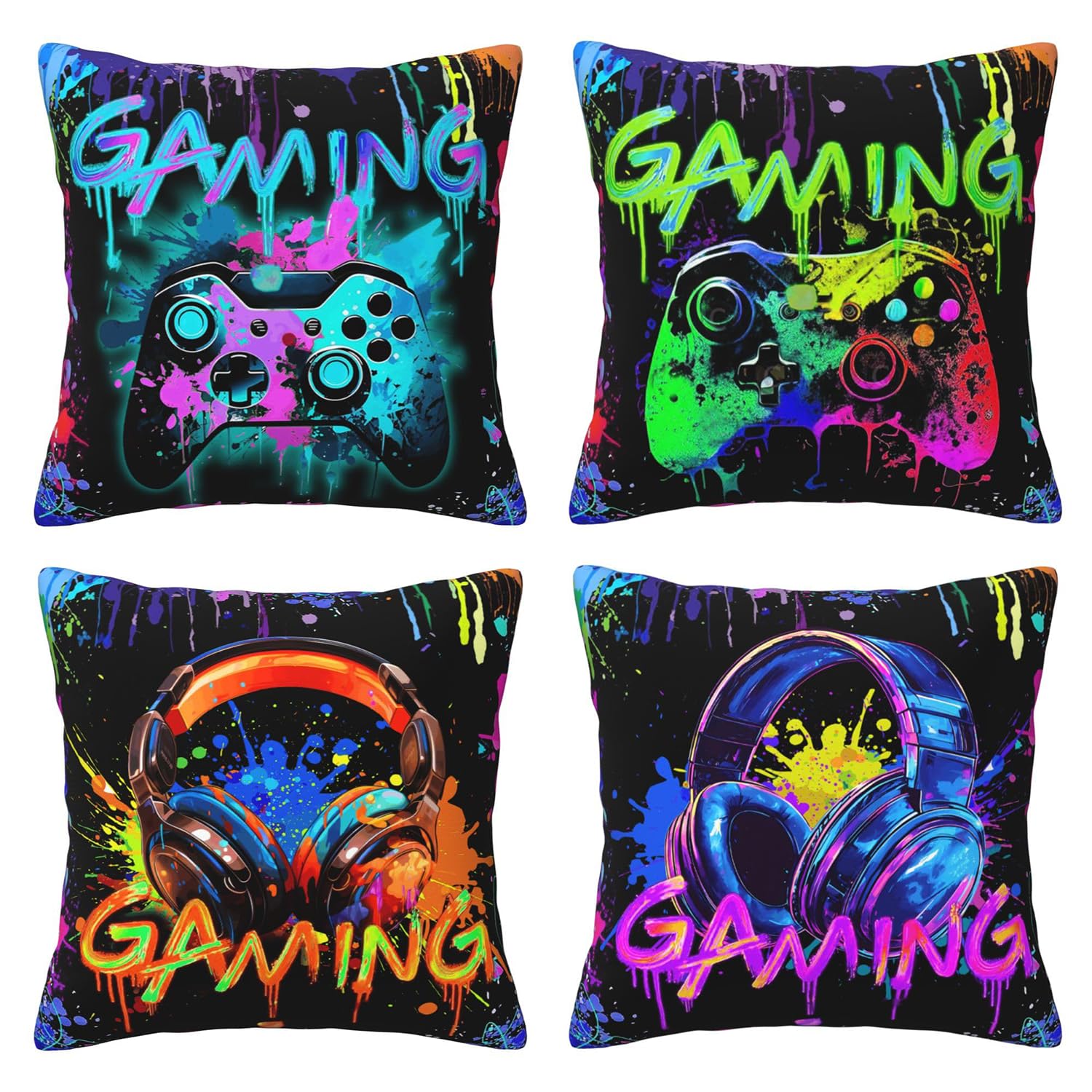 Gamer Gifts for Boys, 2PCS Gaming Pillow Covers For Player,45x45cm Watercolour Graffiti Gaming Cushion Covers Gamer Decorative Accessories for Room,Throw Pillow Cases For Couch Sofa Office Bedroom (E)