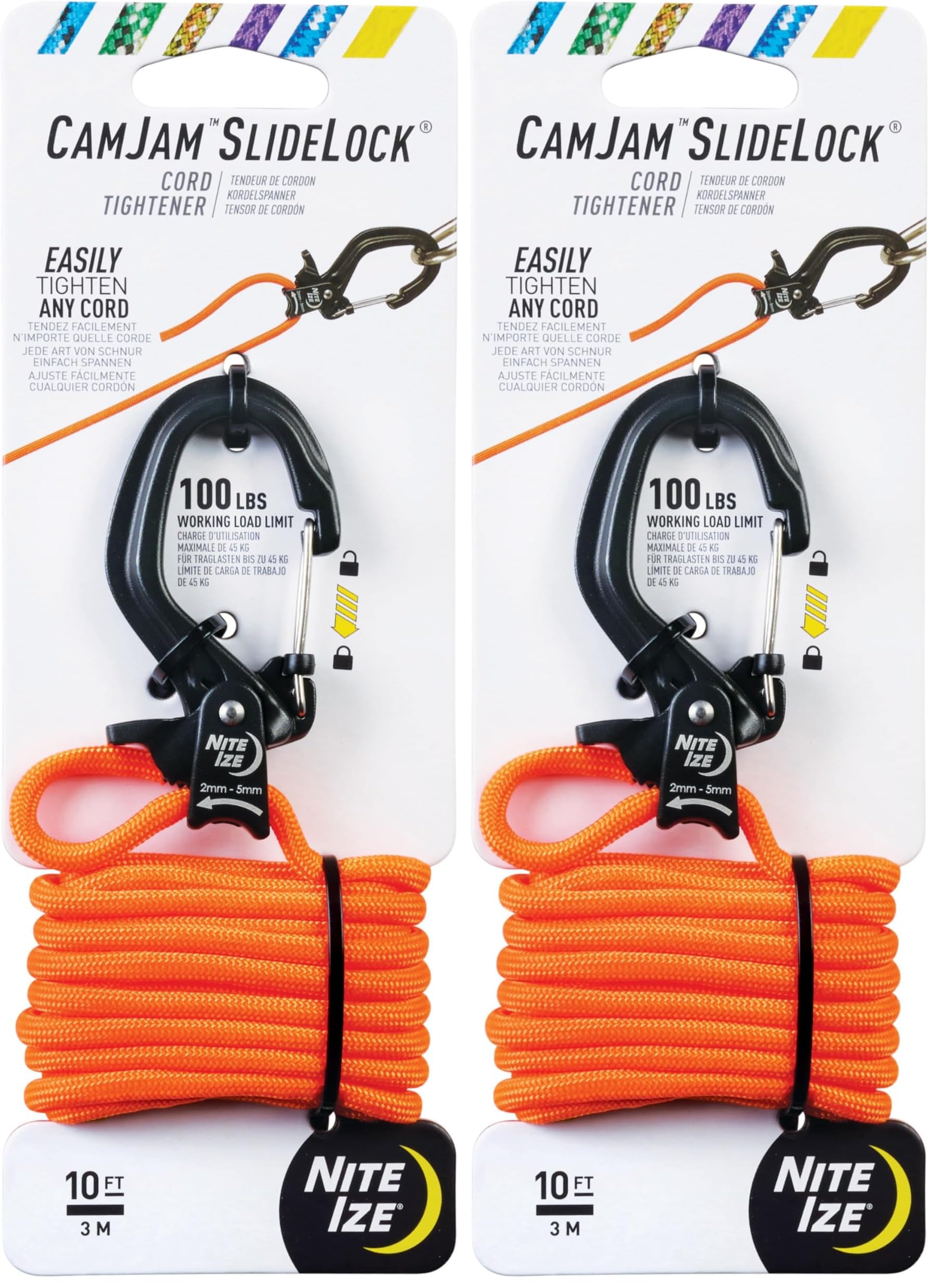 Nite Ize CamJam SlideLock Cord Tightener &amp; 10 ft Paracord - Features Pull-to-Tighten Lock &amp; Quick-Release Lever - 100 lb Working Load Limit - Fits Cord Sizes 2?5mm - Small (Pack of 2)
