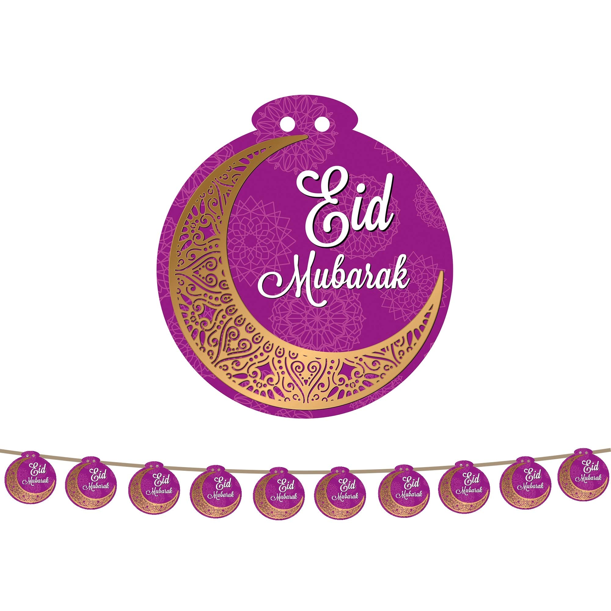 Eid Mubarak Hanging Garland Lanterns Bunting - Round - Eid Party Decorations (Pink & Gold (Medium Eid Garland))
