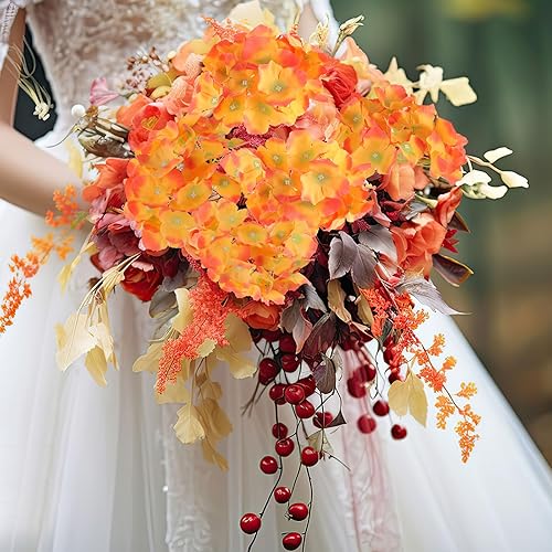 Miniatura 4 de Hananona 40 cabezas de flores artificiales de hortensias de seda burdeos con tallos, flores de otoño falsas rojas para Halloween, boda, centro de