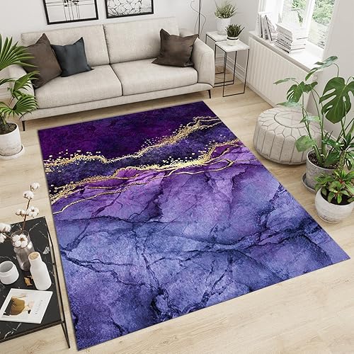 Miniatura 3 de Alfombra de área con degradado de mármol dorado morado, retro, abstracto, antideslizante, para interiores, para niños, lavable a máquina,