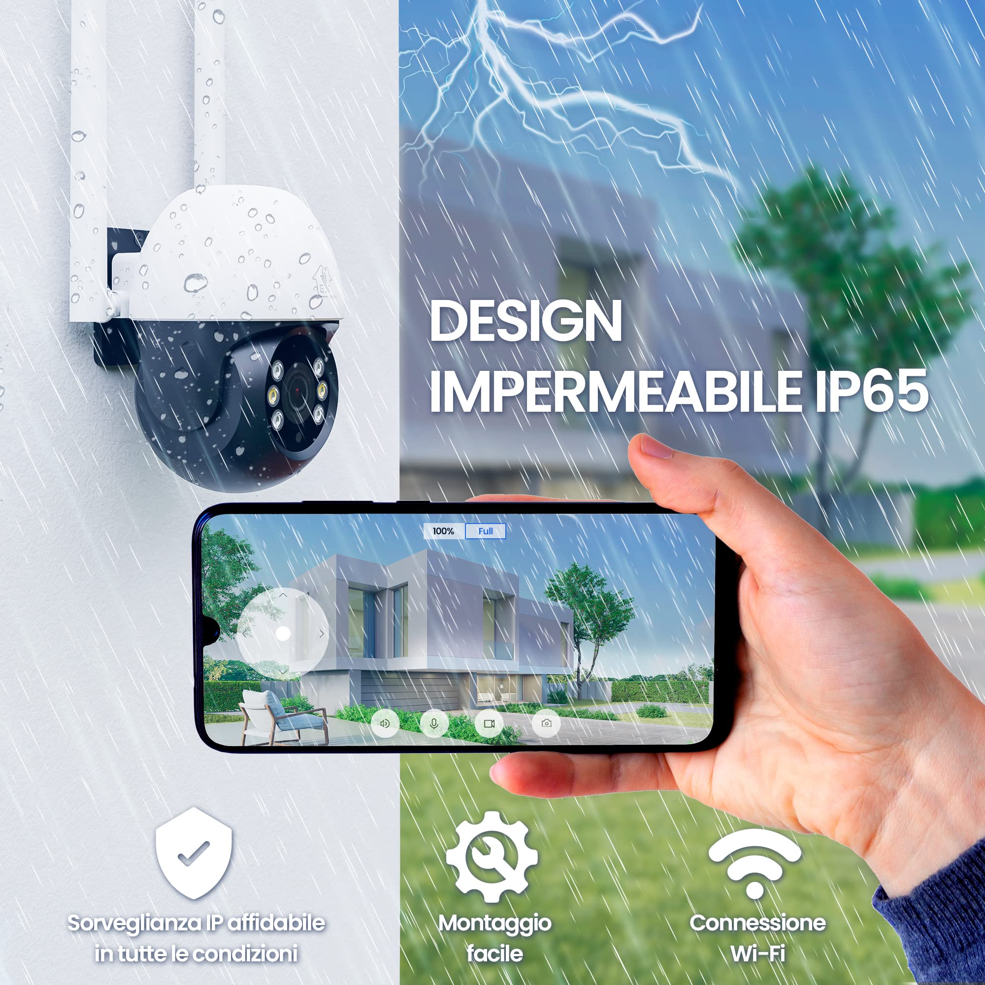 Videocamera sorveglianza esterno wifi, 1296p, PTZ, telecamera wifi esterno, IP65, Modalità notturna a colori, ampio angolo, camera wifi con tracciamento intelligente, scheda MicroSD fino a 128GB