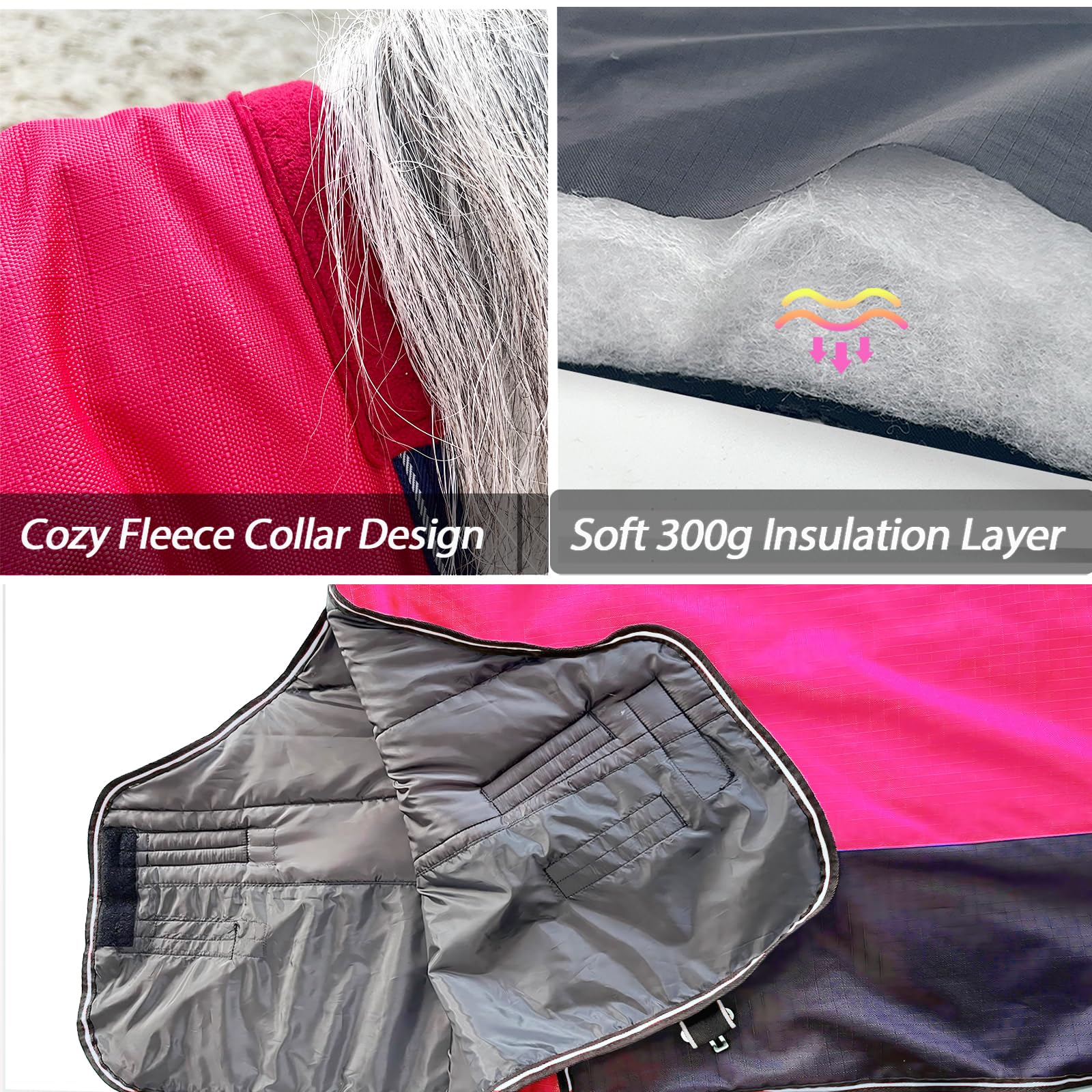 Coperta invernale impermeabile e traspirante per cavallo, 300 g, 1200 D, calda, con strisce riflettenti (rosso/blu, 203 cm)