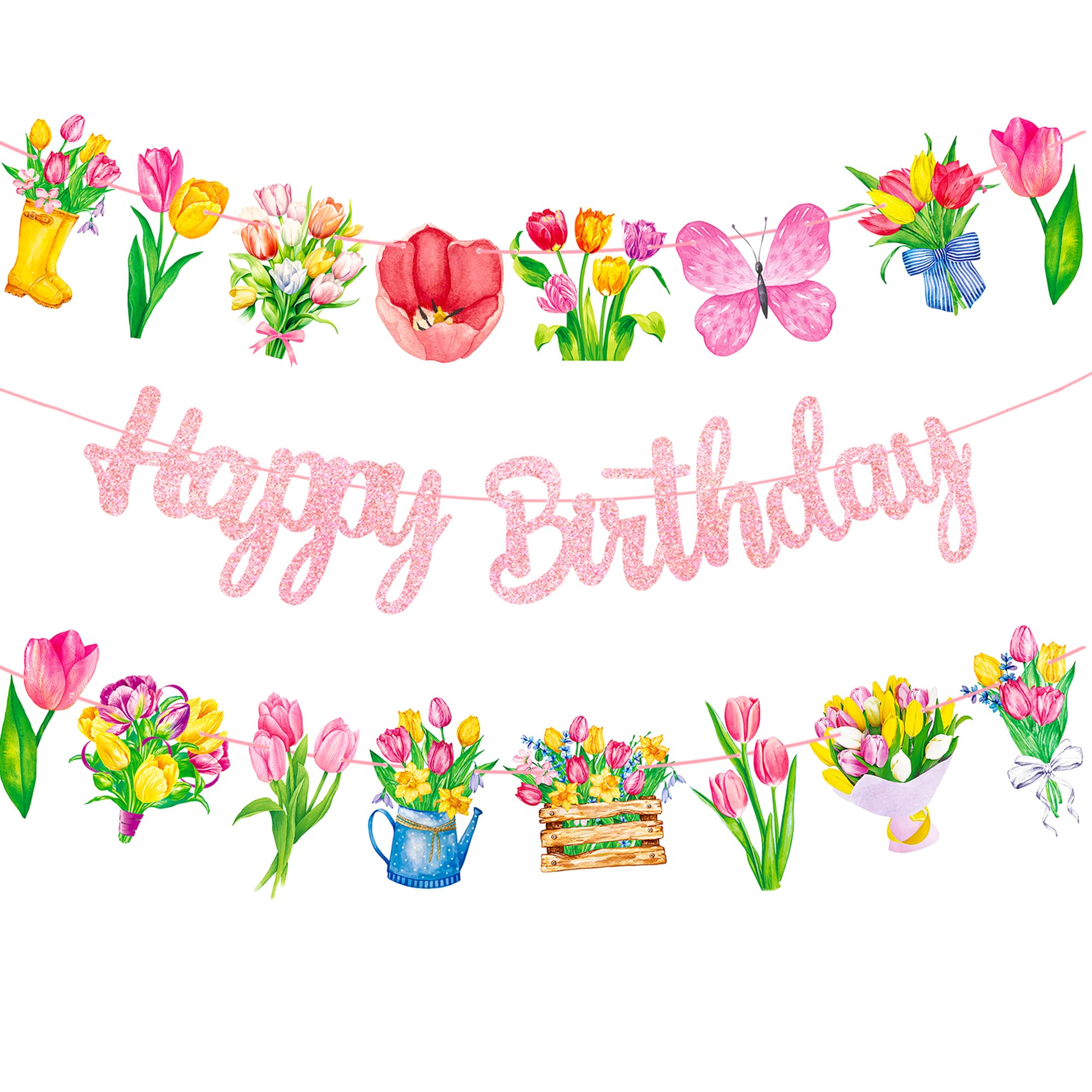 Tulip Happy Birthday Banner Tulip Flower Birthday Party Decorations 3Pcs Pink Spring Floral Party Decoration for Girls Spring Tulip Party Banners