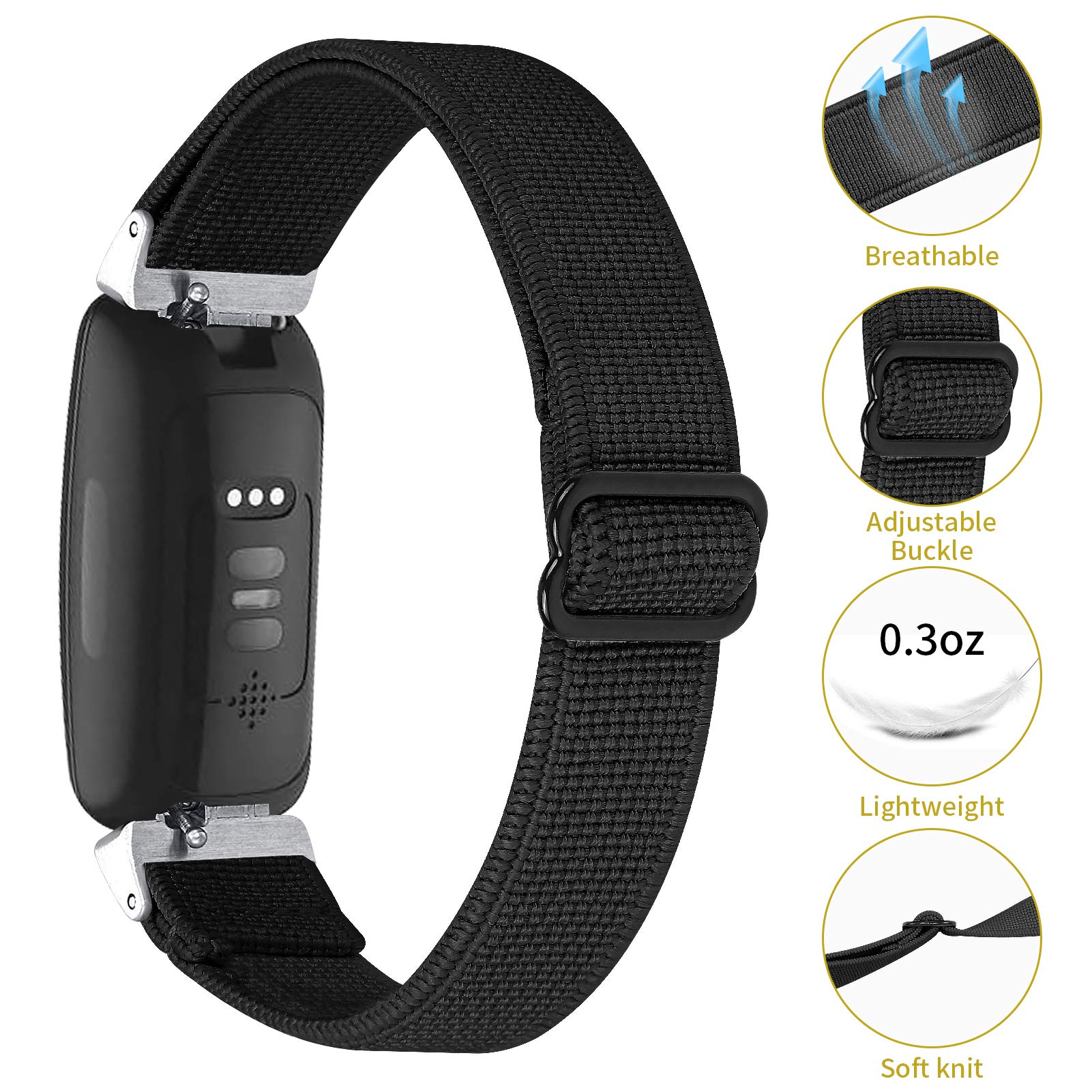 MORAN 4 Pack Nylon Elastic Band Compatible with Fitbit Inspire 2/ HR/Inspire Replacement Adjustable Stretchy Fabric Loop Strap Soft Wristband for Women Men (Black/ Midnight Blue/ Green/ Wine Red)