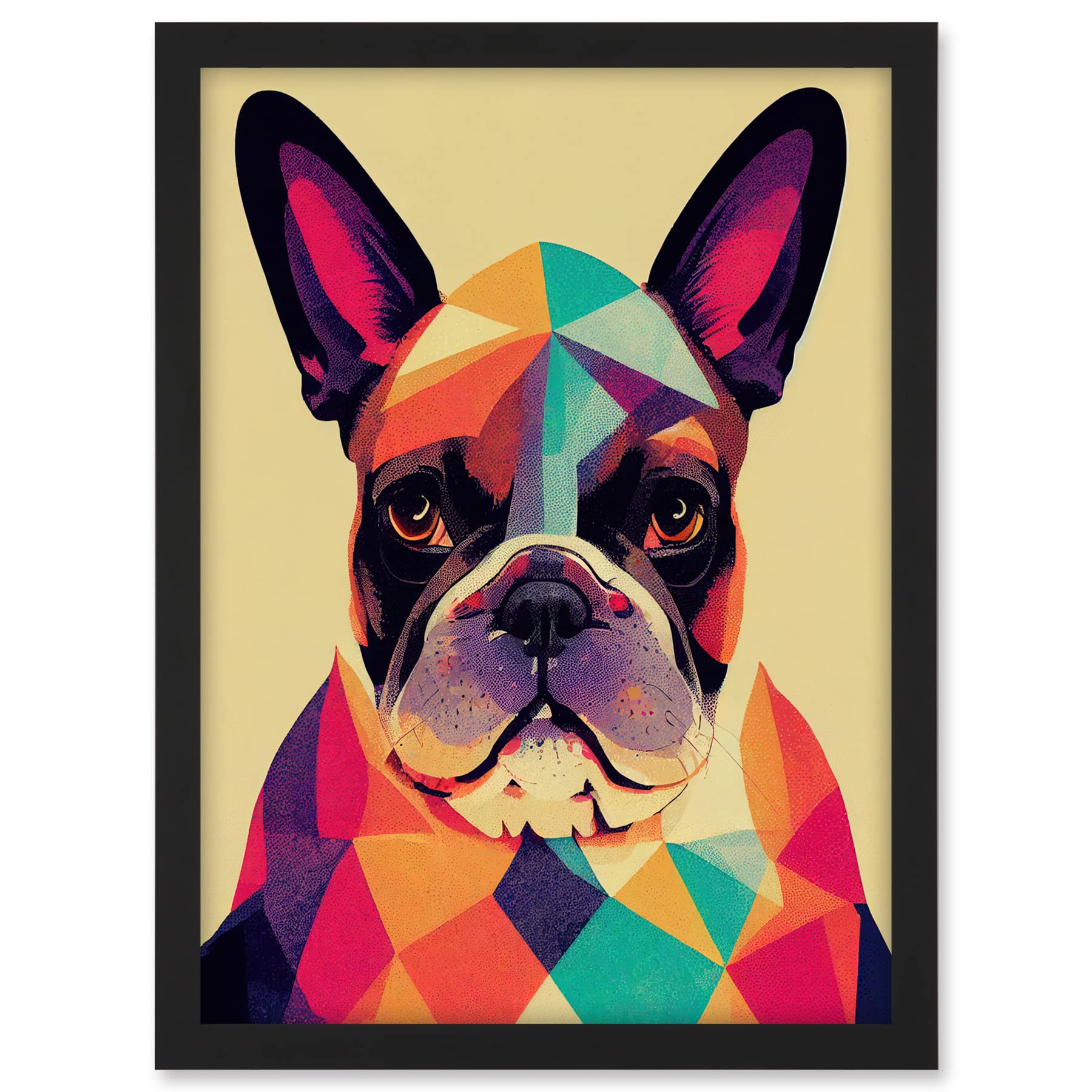 Wee Blue Coo Vibrant Colourful Geometric French Bulldog Portrait Design Artwork Framed A3 Wall Art Print