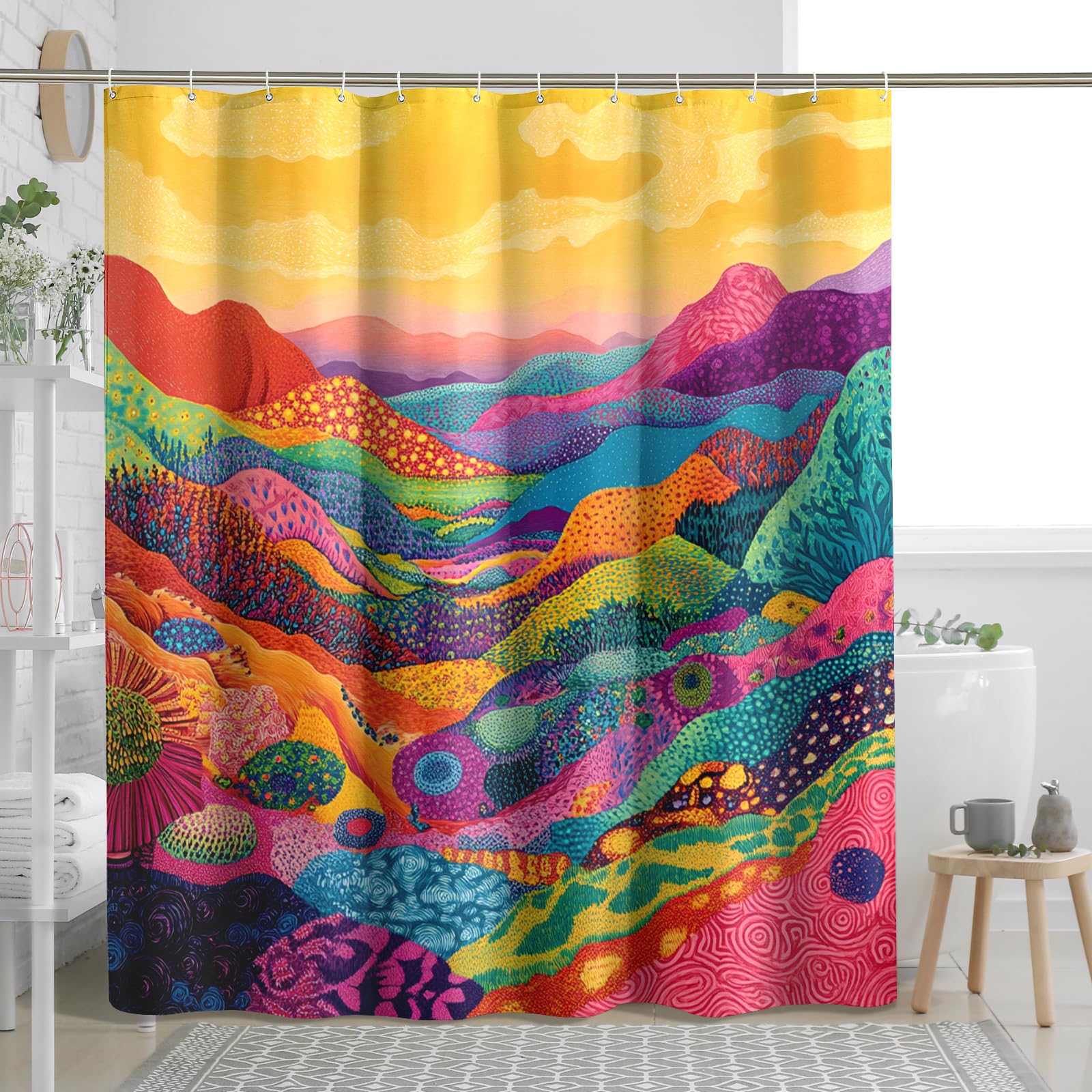 Psychedelic Mountain Shower Curtain Set 72 Inch with Hooks, Aesthetic Trippie Bathroom Decor, Cool Abstract Printed Pattern Bath Accessories