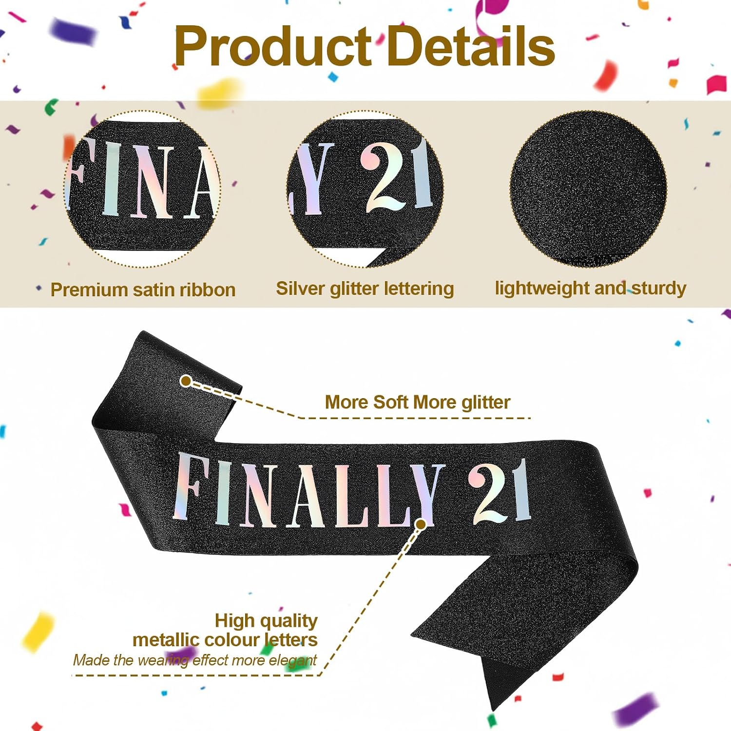 Andibro 2Pcs Finally 21 Birthday Sash, Gold Black Glitter 21st Birthday Decoration Sash,21st Sash for Men Women Party Favors Supplies