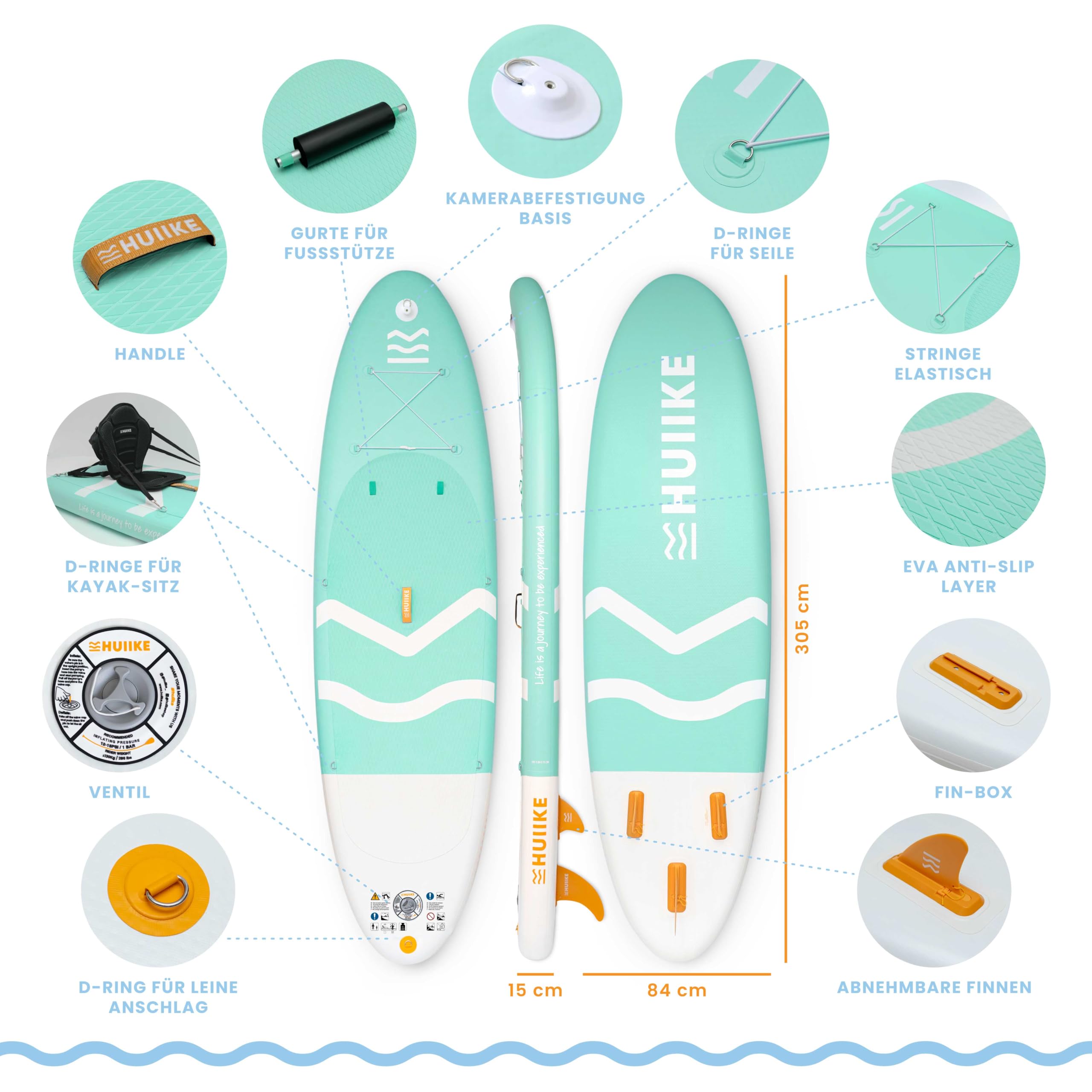 HUIIKE Stand Up Paddling Board mit Zubehör, Paddel, Finnen, Leash, Pumpe, Rucksack. SUP-Board Aufblasbar Hoher Stabilität und Widerstandsfähigkeit. Zum Kajak Umbaubar 305-365 cm, trägt 130-170 kg