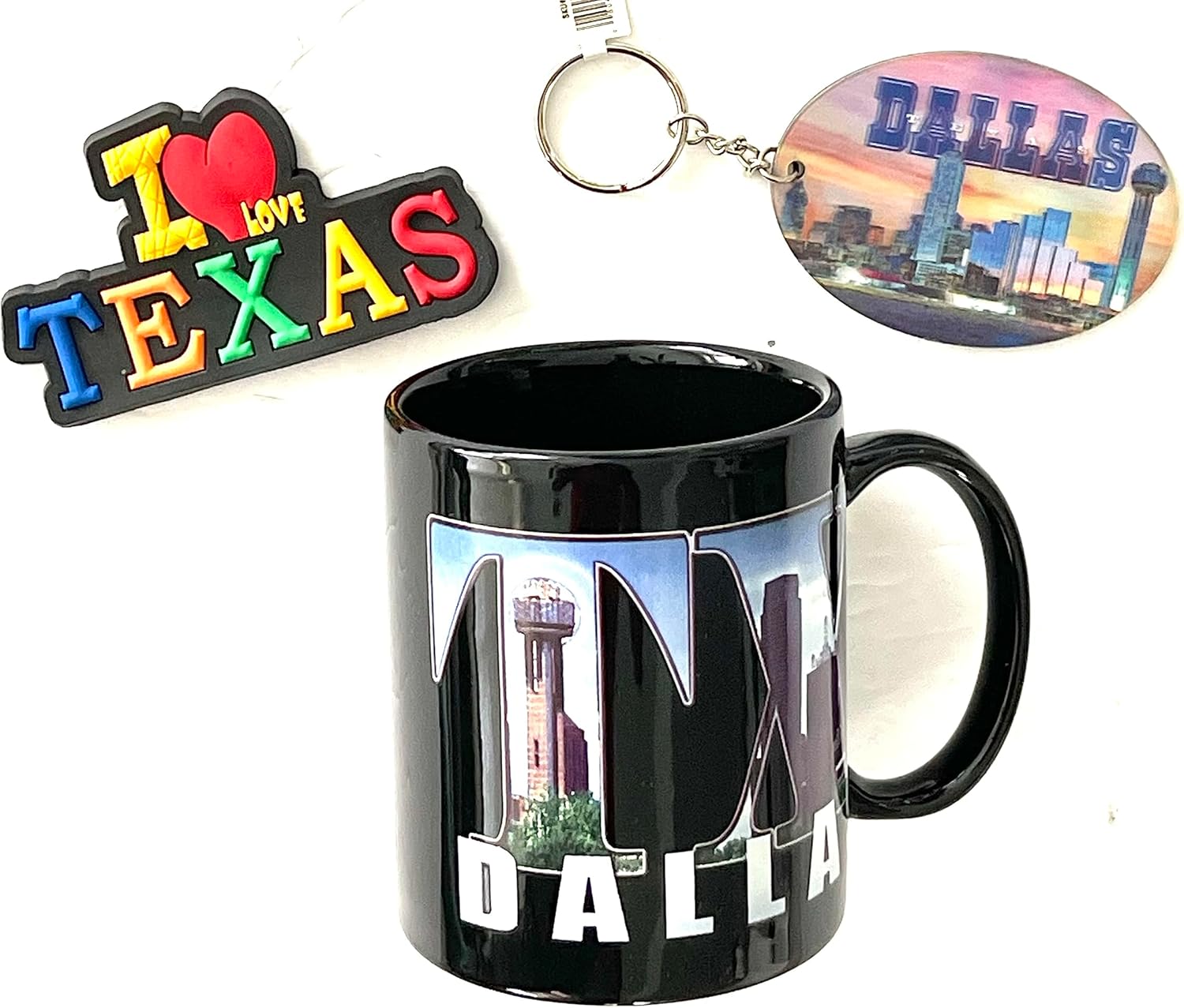 Dallas Texas Souvenir Coffee Mug Dallas Keychain and I Love Texas Magnet